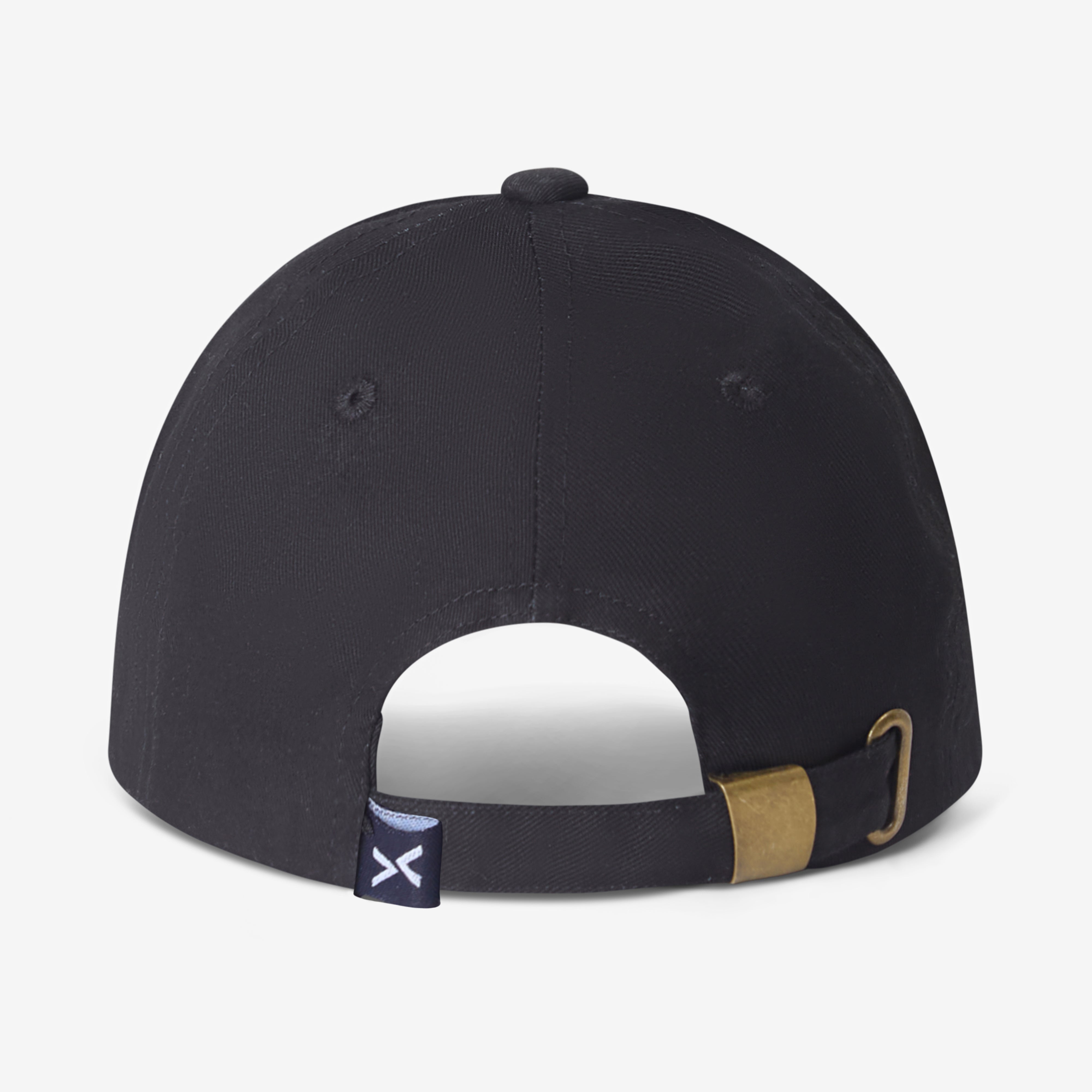 Back of a Black Spark & Flare Fearless baseball cap with branded label and brass clasp