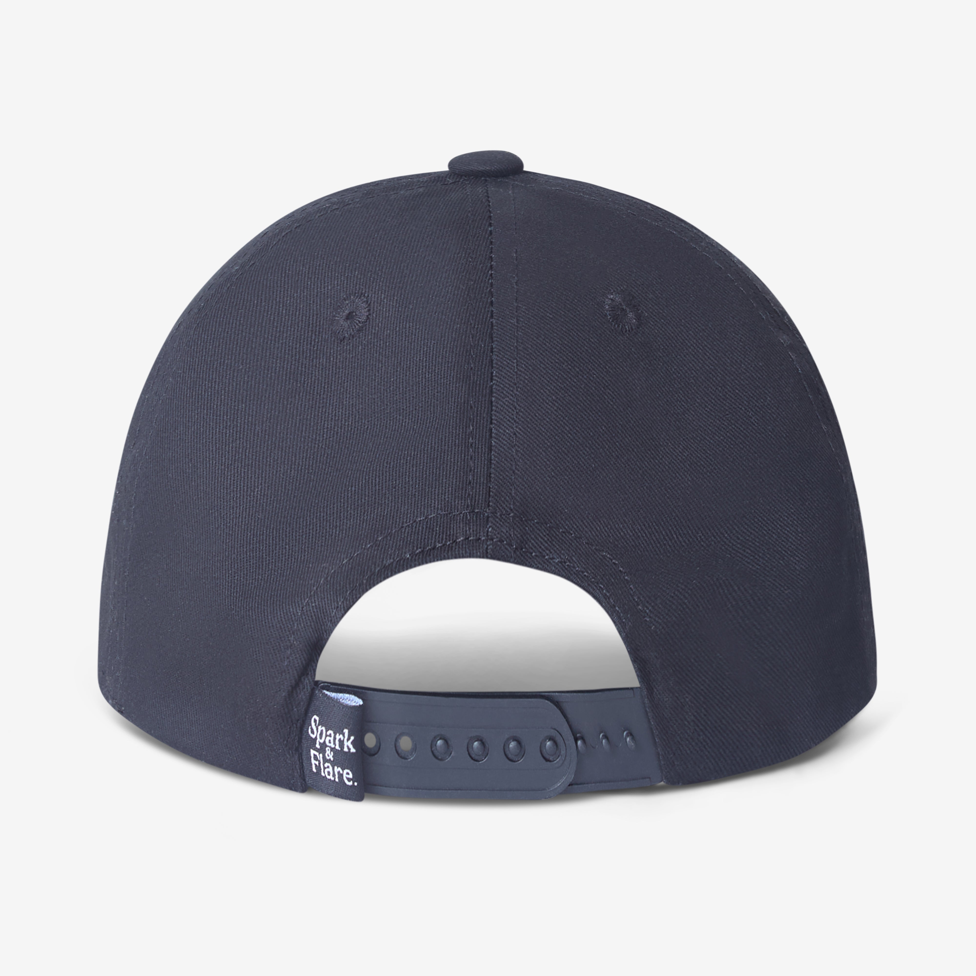 Back of a Black Spark & Flare Fierce flat brim cap with snapback closure and branded label