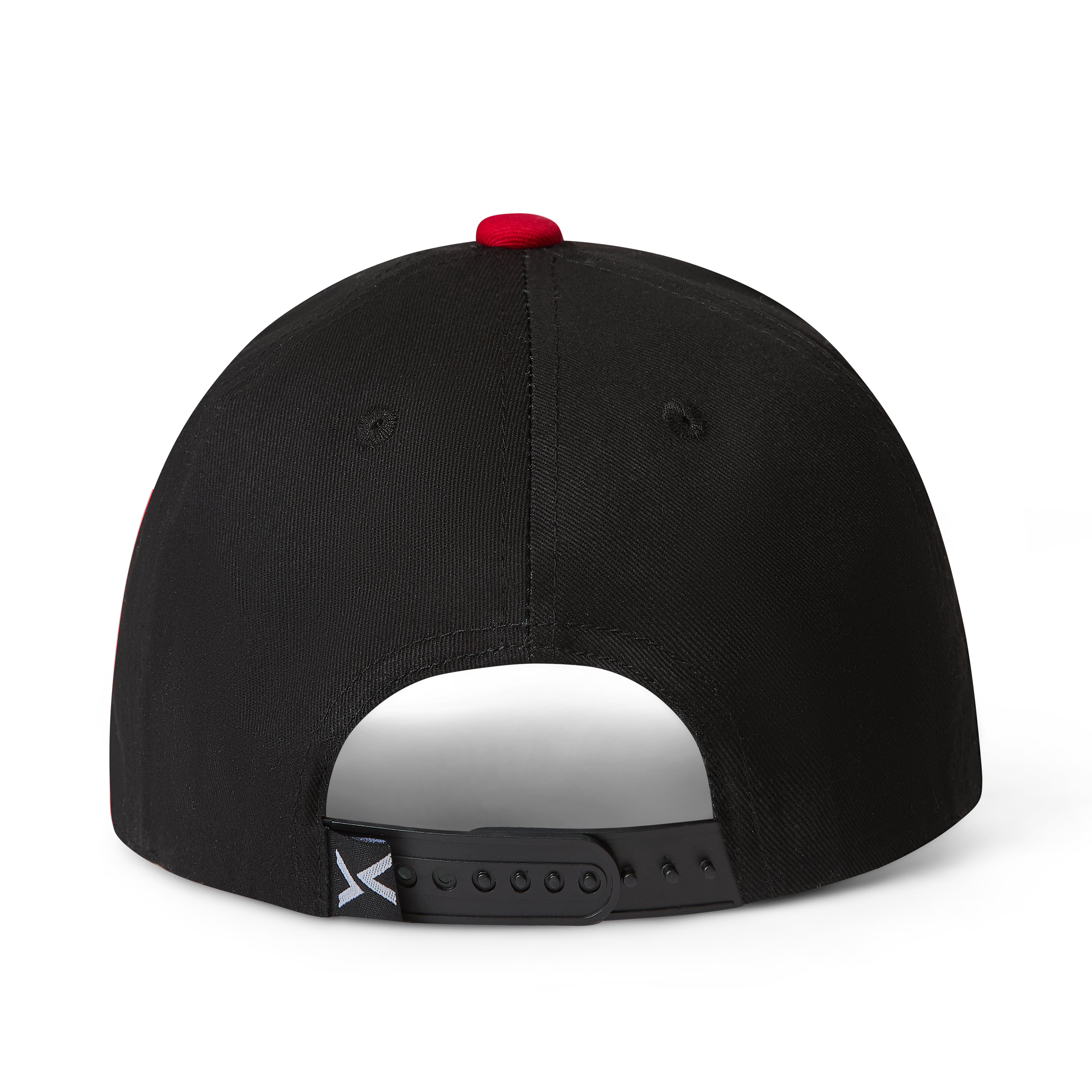 Rear view of a black baseball cap with a small red button on top and a black adjustable strap with a silver logo, shown on a white background.
