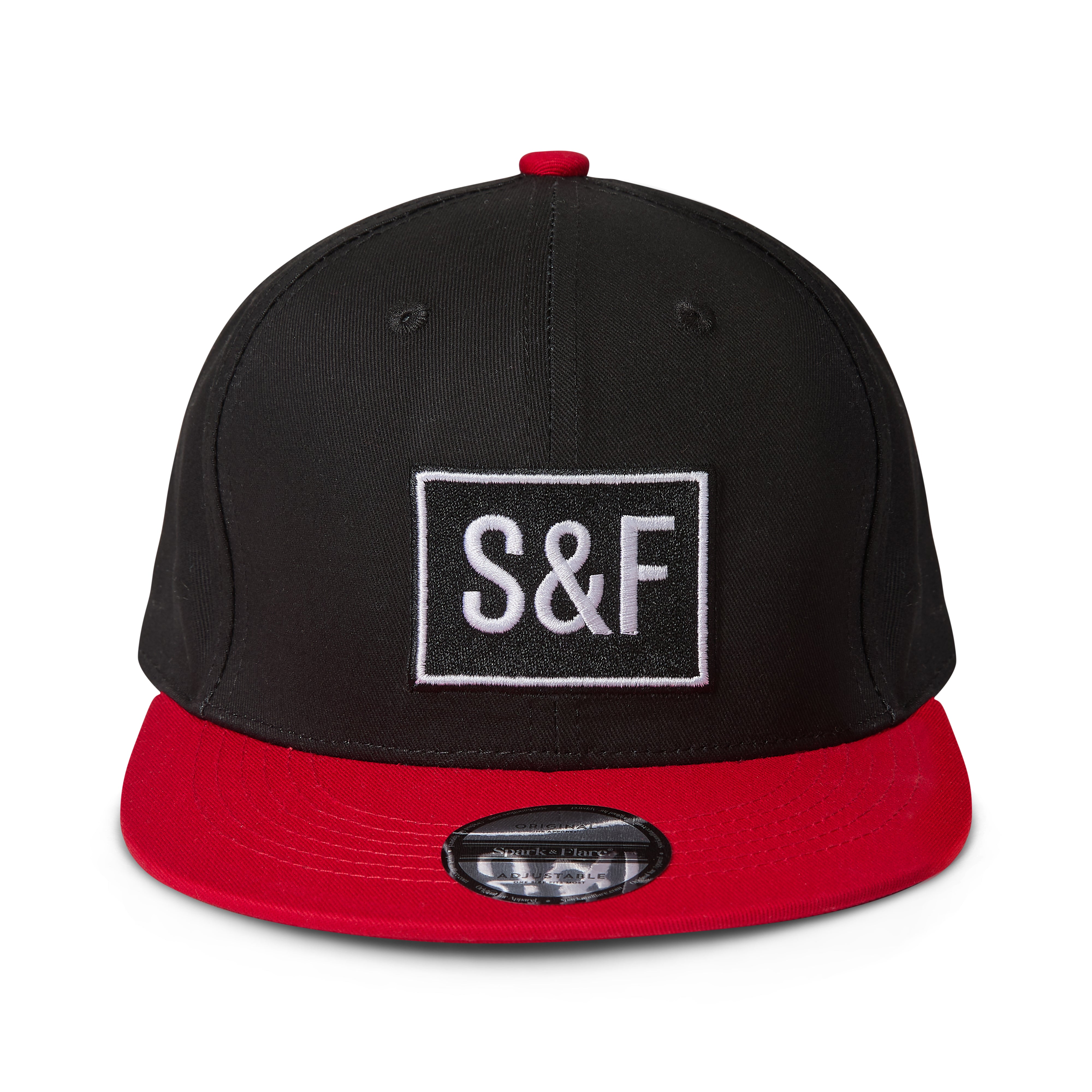 A black and red snapback cap with a white embroidered 'S&F' logo patch on the front, shown on a clean white background.