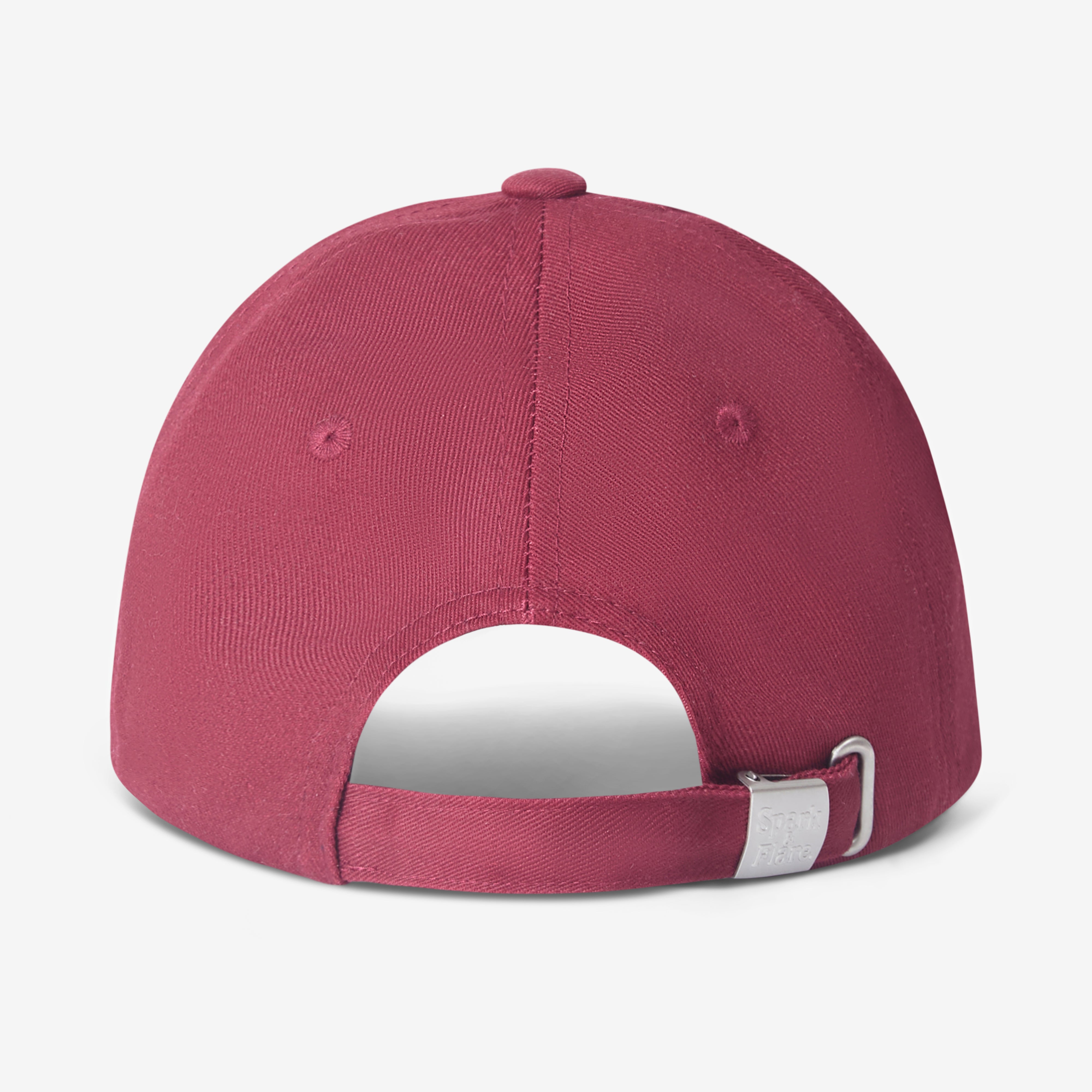 Back of a Spark & Flare burgundy cap with S&F logo on clasp