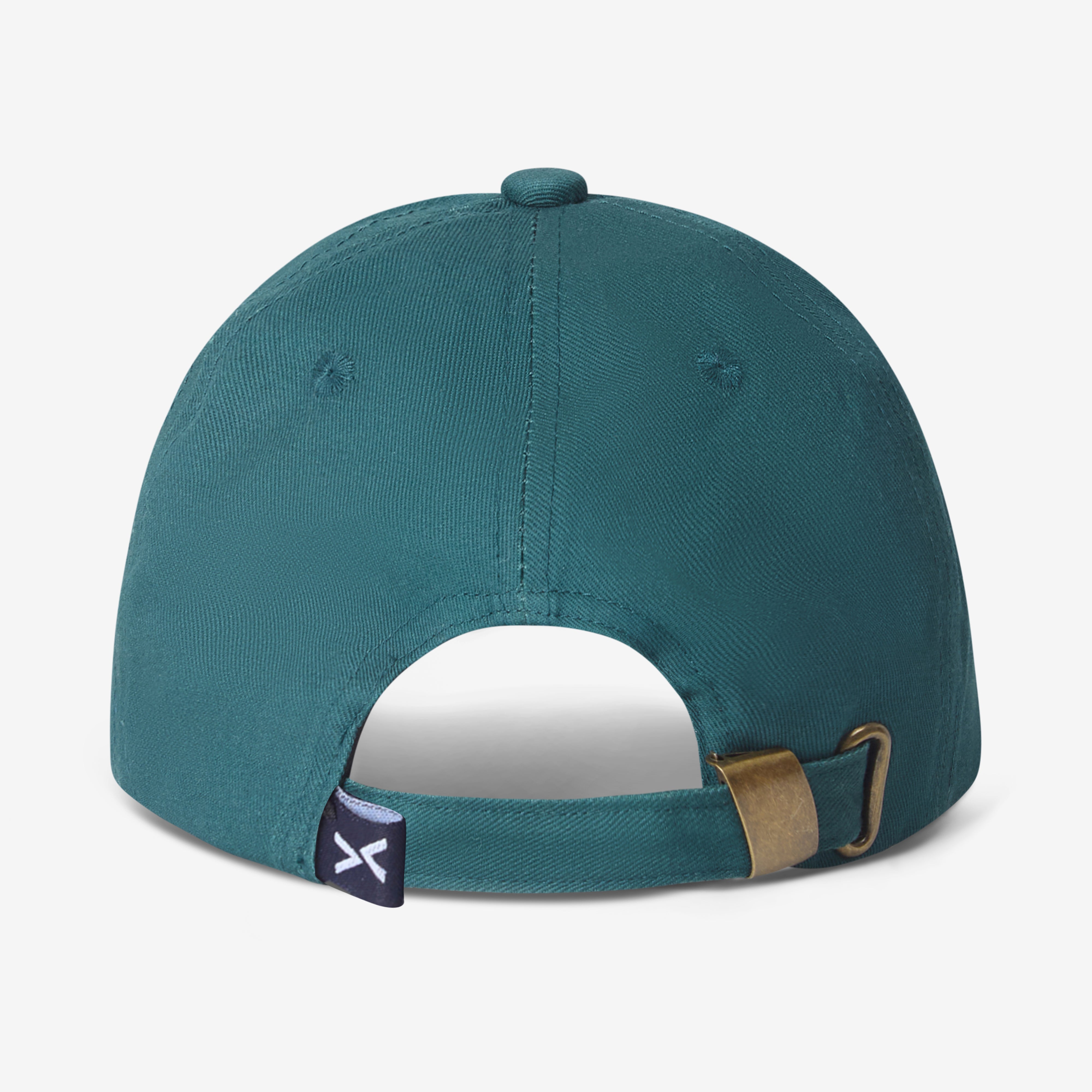 Back of a teal Spark & Flare Baseball cap with branded label