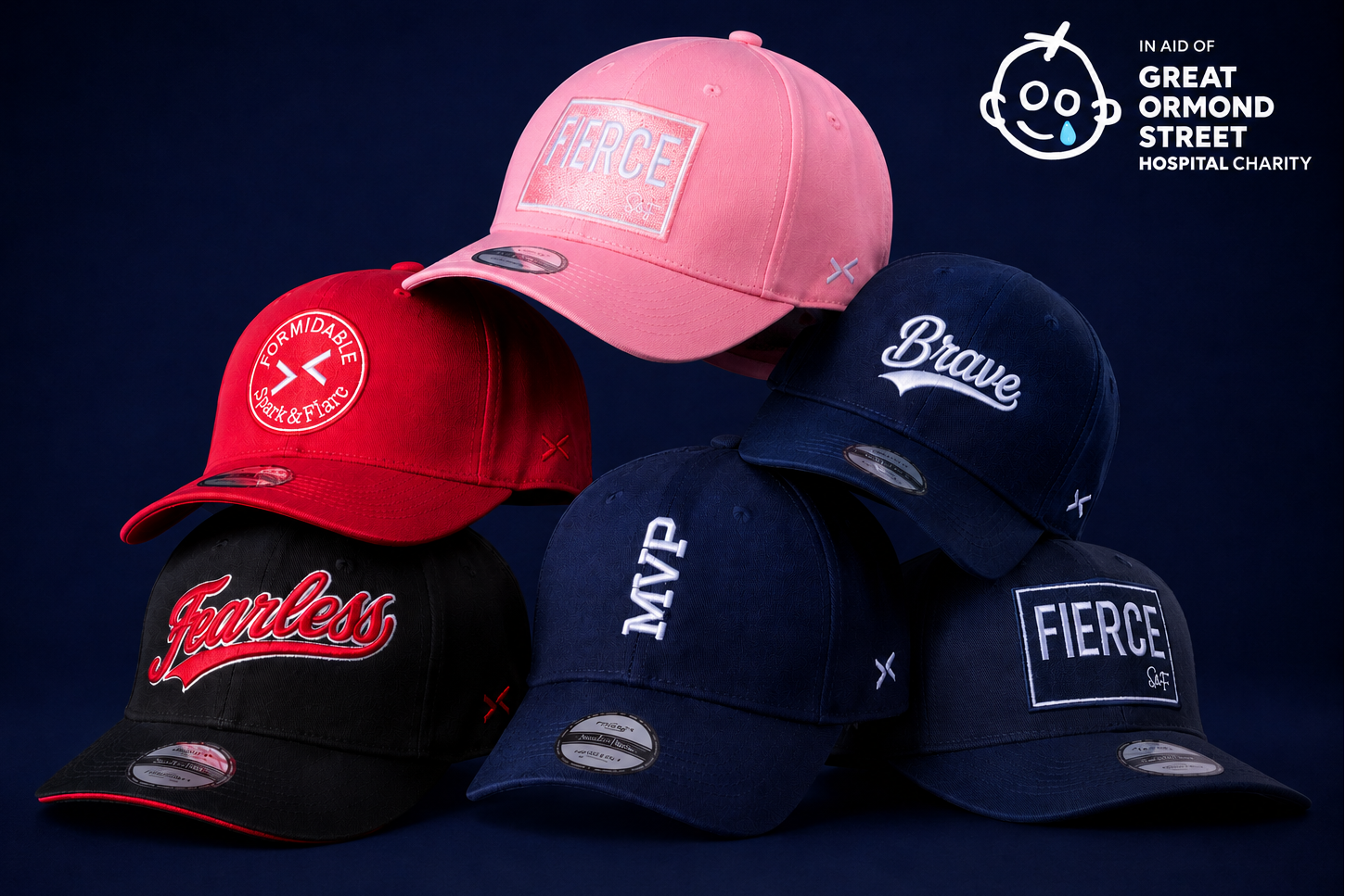 Collection of baseball caps with various text designs on a dark background, featuring the Great Ormond Street Hospital Charity logo.