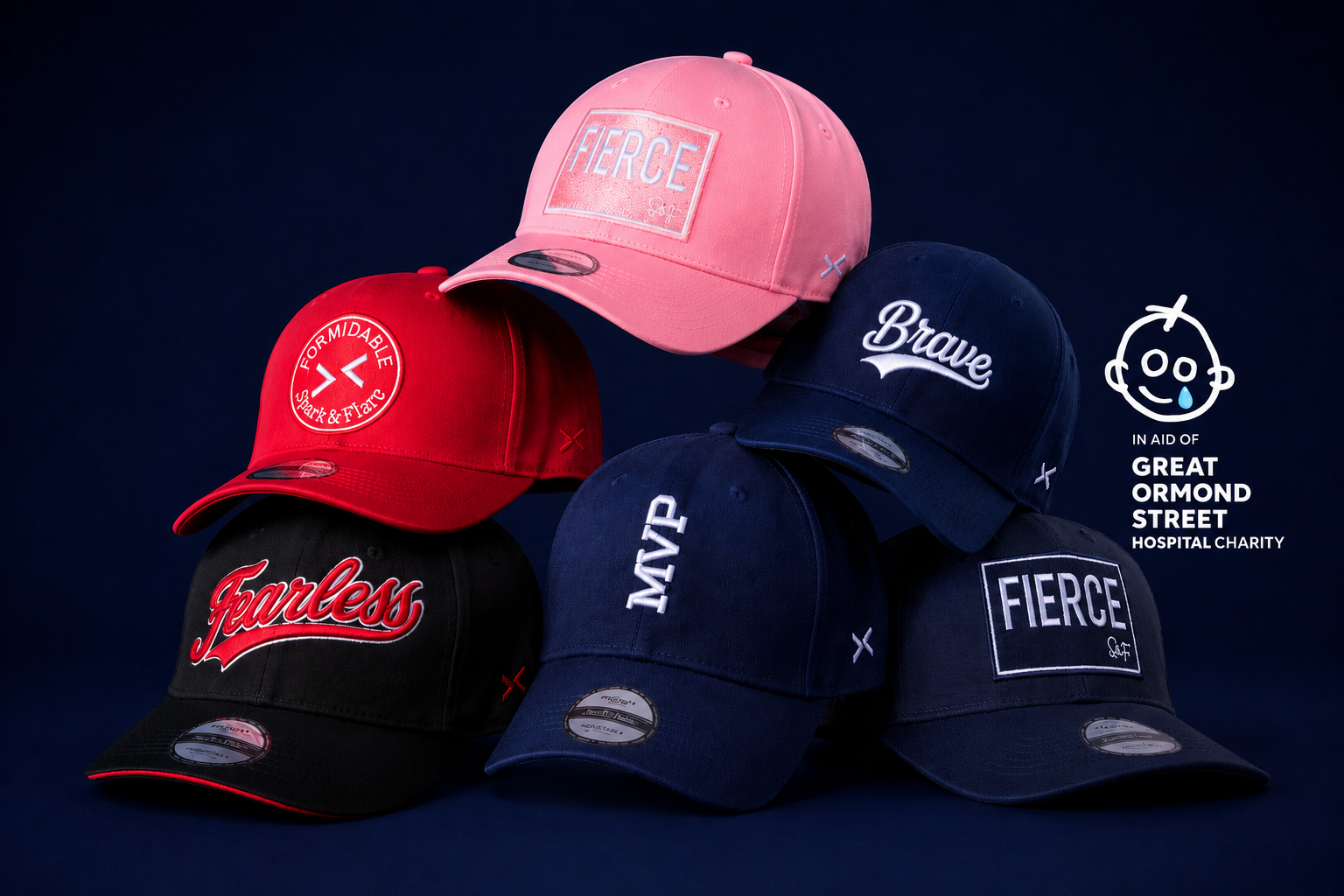 Spark & Flare junior apparel heroes collection featuring premium baseball caps, supporting Great Ormond Street Hospital charity