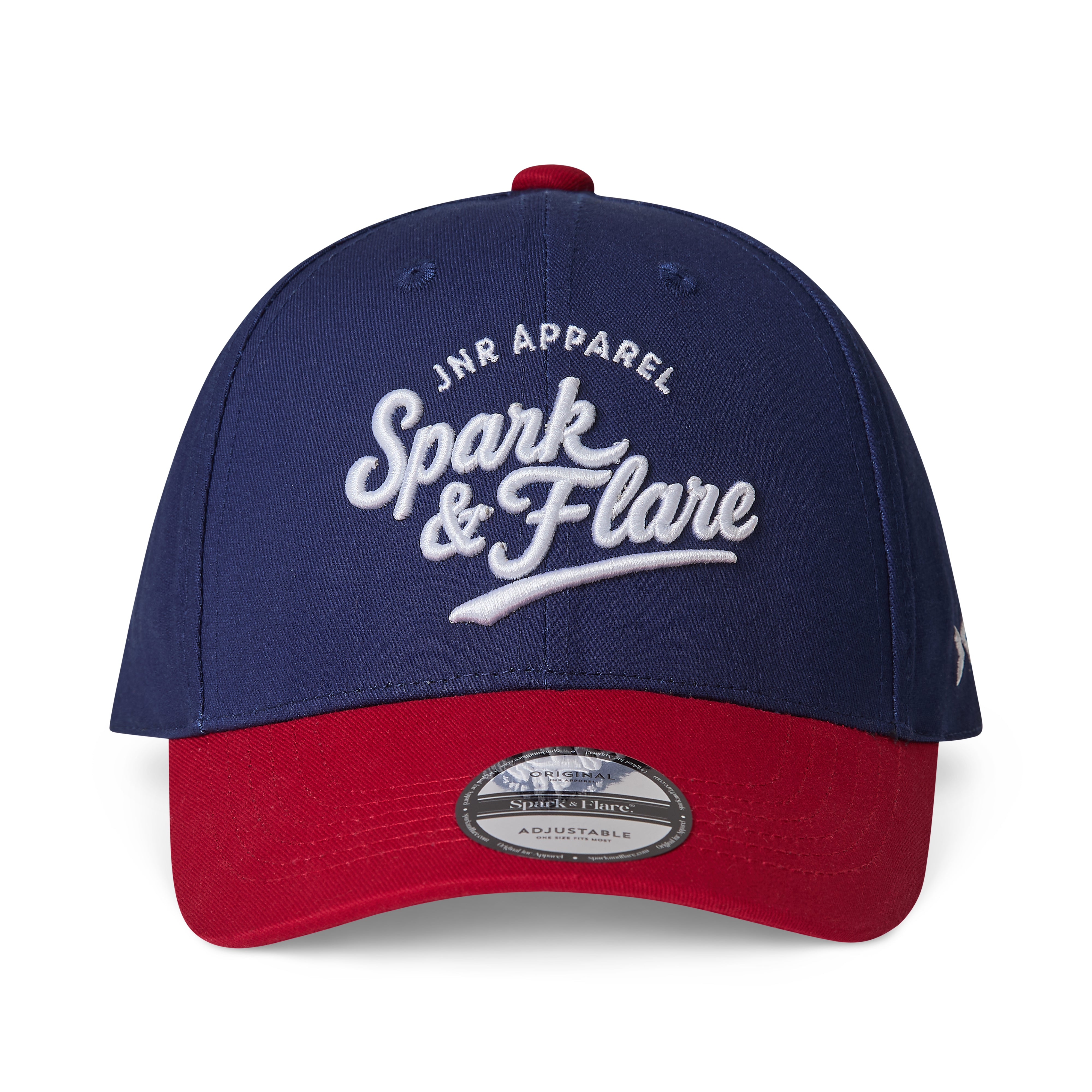A structured baseball cap with a navy blue crown and a red visor, featuring white embroidered text reading 'JNR APPAREL Spark & Flare' on the front. A silver metal size sticker is visible on the red visor.