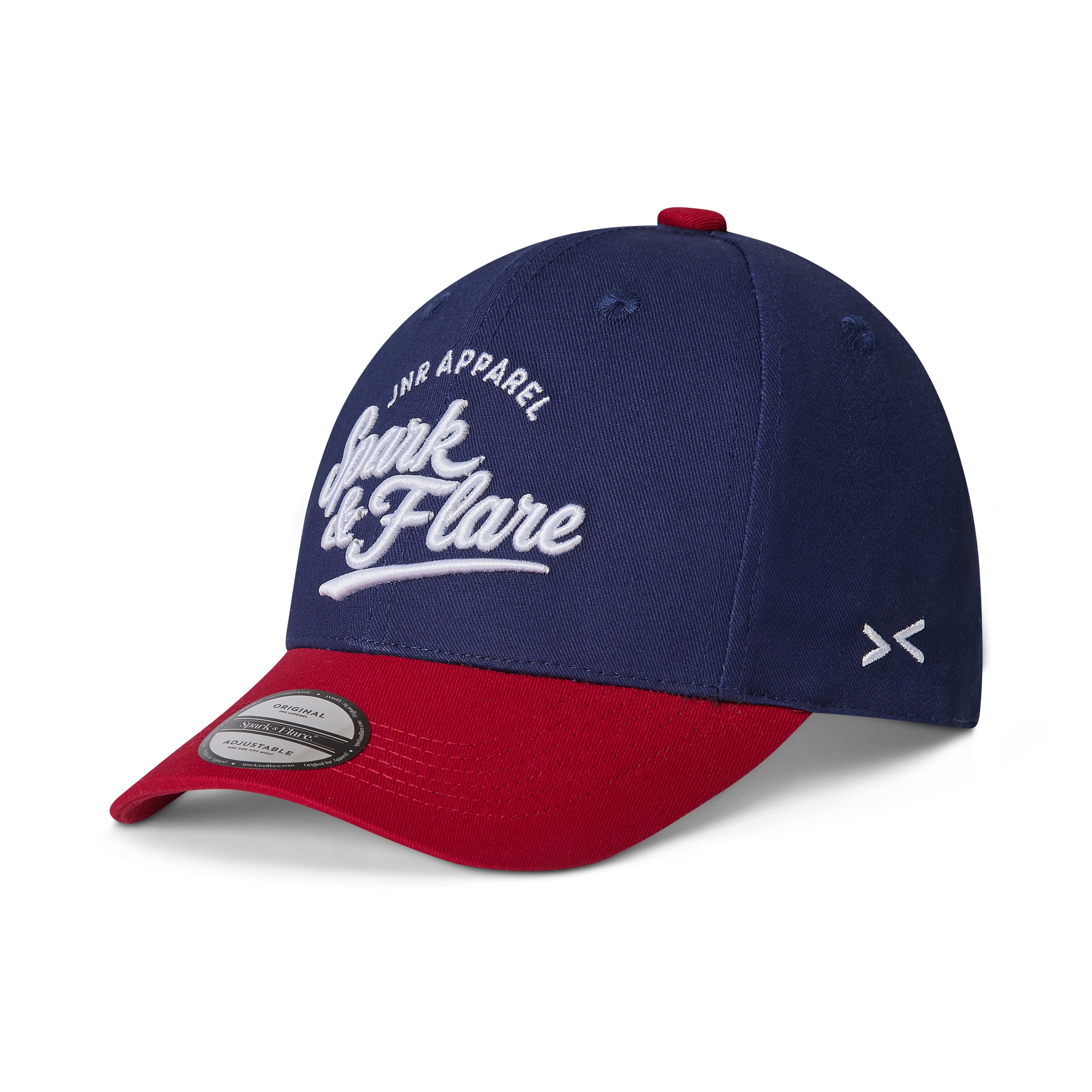A structured baseball cap with a navy blue crown, a red visor, and white embroidered text reading 'JNR APPAREL Spark & Flare' on the front, plus a small white monogram on the side.