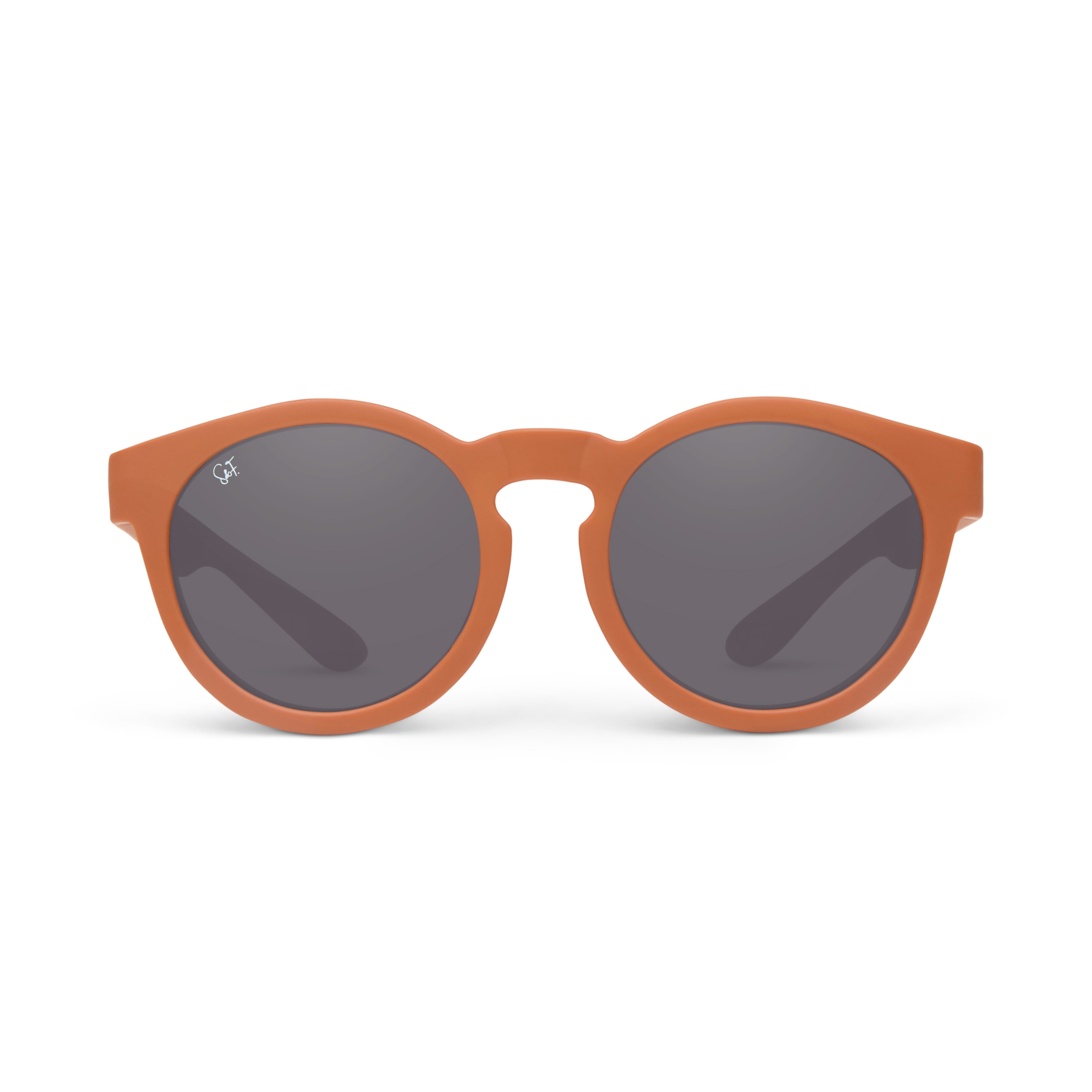 Spark & Flare round Sunglasses with brown frames and dark lenses on a white background