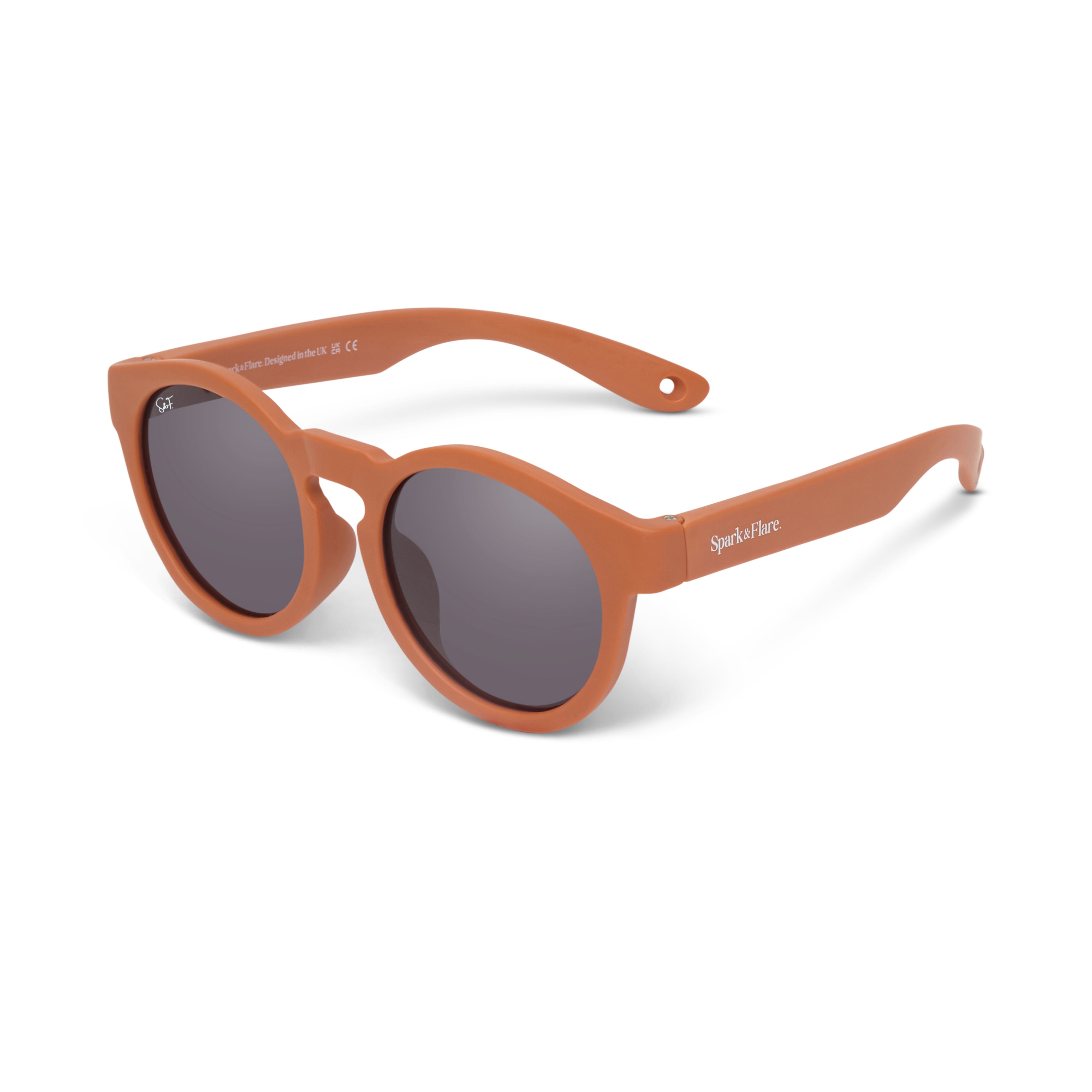 Spark & Flare round Sunglasses with brown frames and dark lenses on a white background