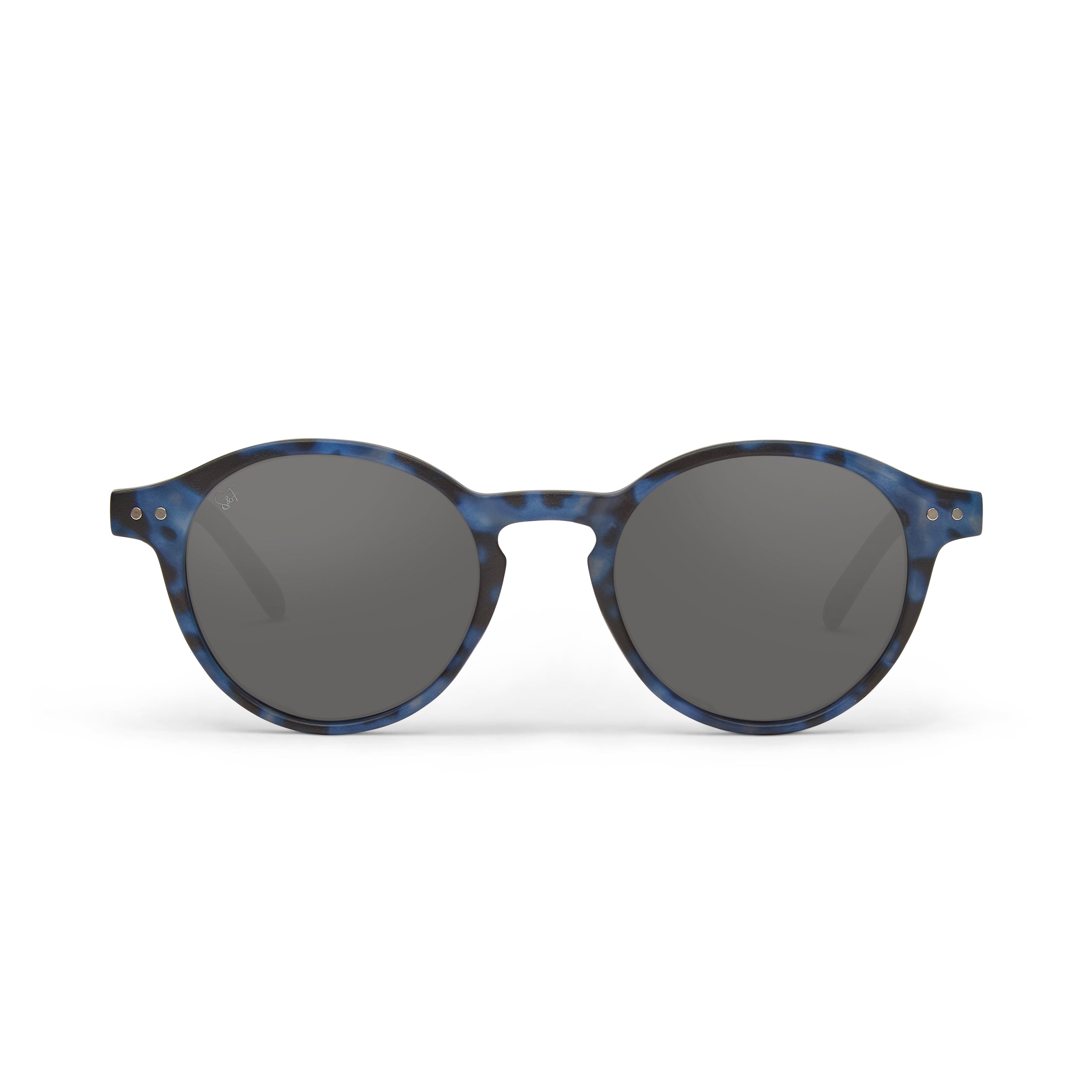 Round sunglasses with a blue and black tortoiseshell frame and dark gray lenses, shown against a plain white background.