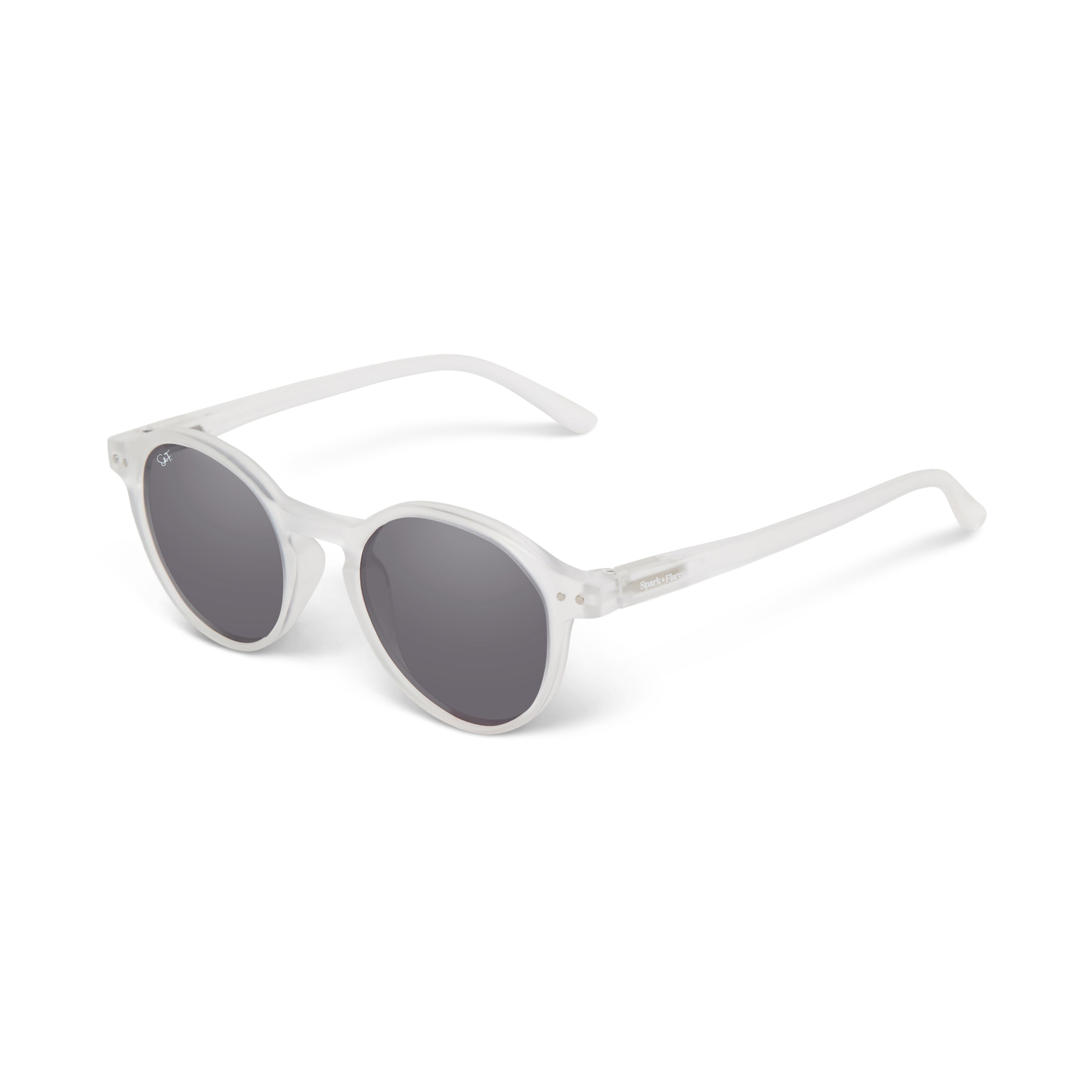 Salmon Spark & Flare round sunglasses with dark lenses on a white background