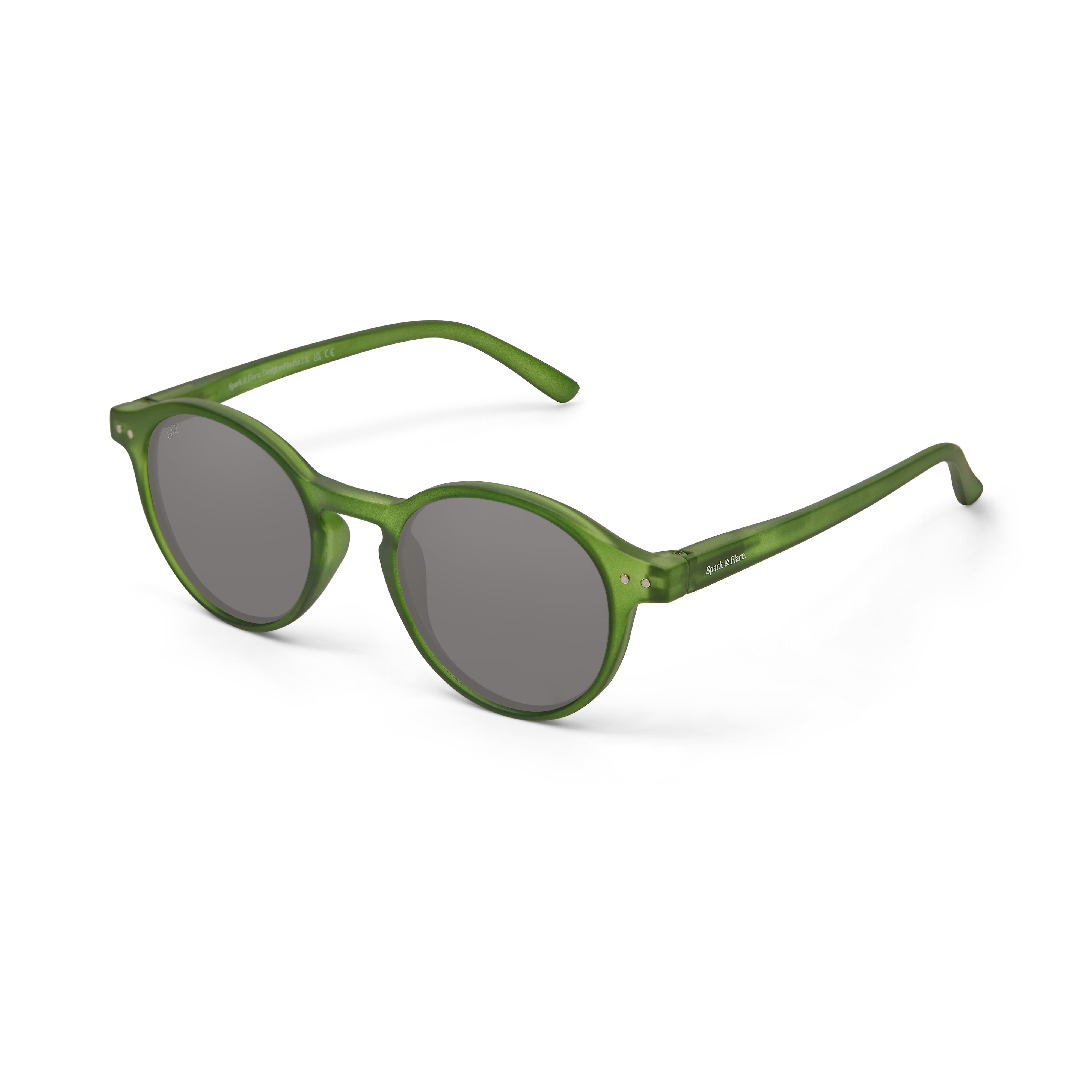 Oval sunglasses with a translucent olive green frame and dark gray lenses, shown on a clean white background.