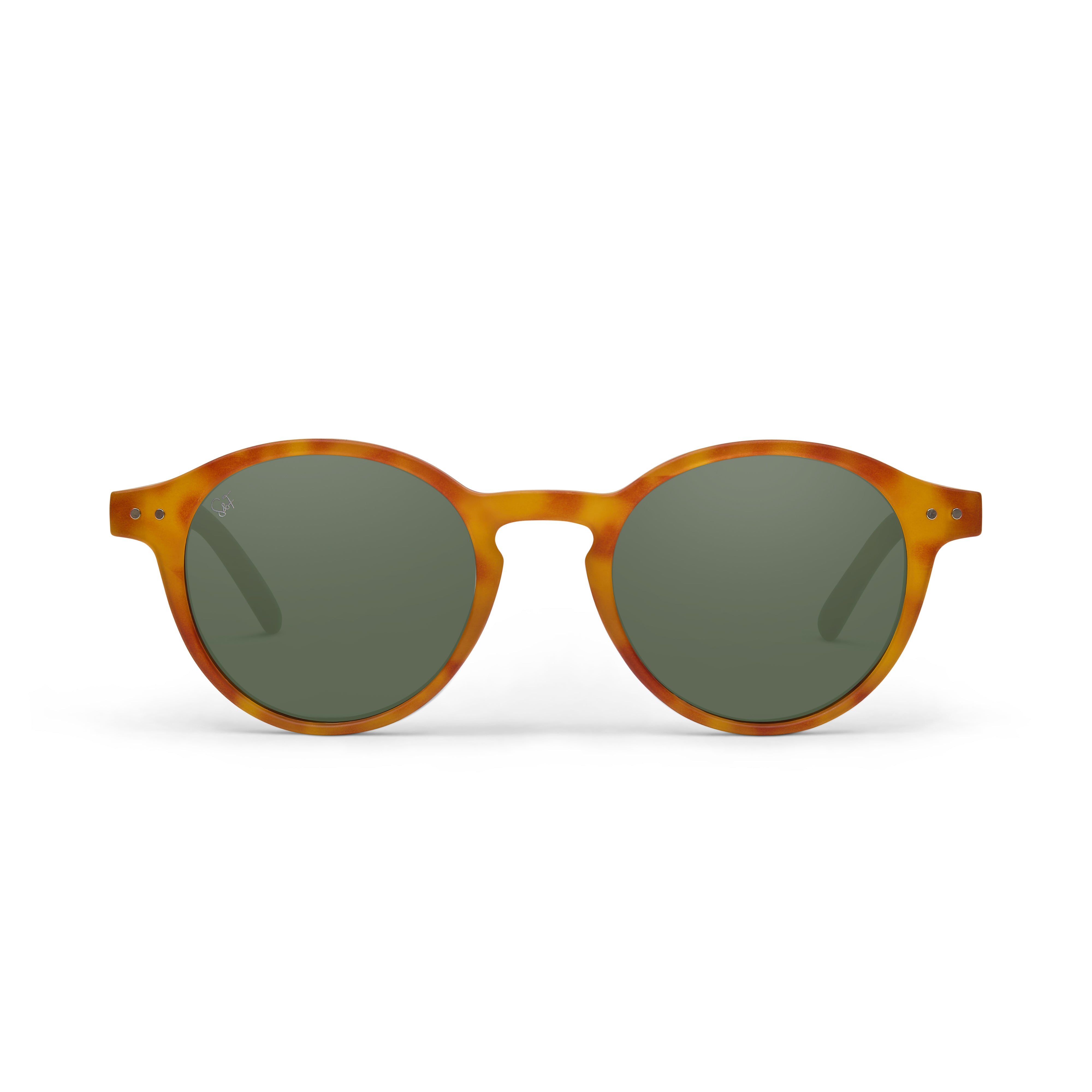 Round sunglasses with a translucent amber-orange tortoiseshell frame and dark green lenses, shown against a plain white background.