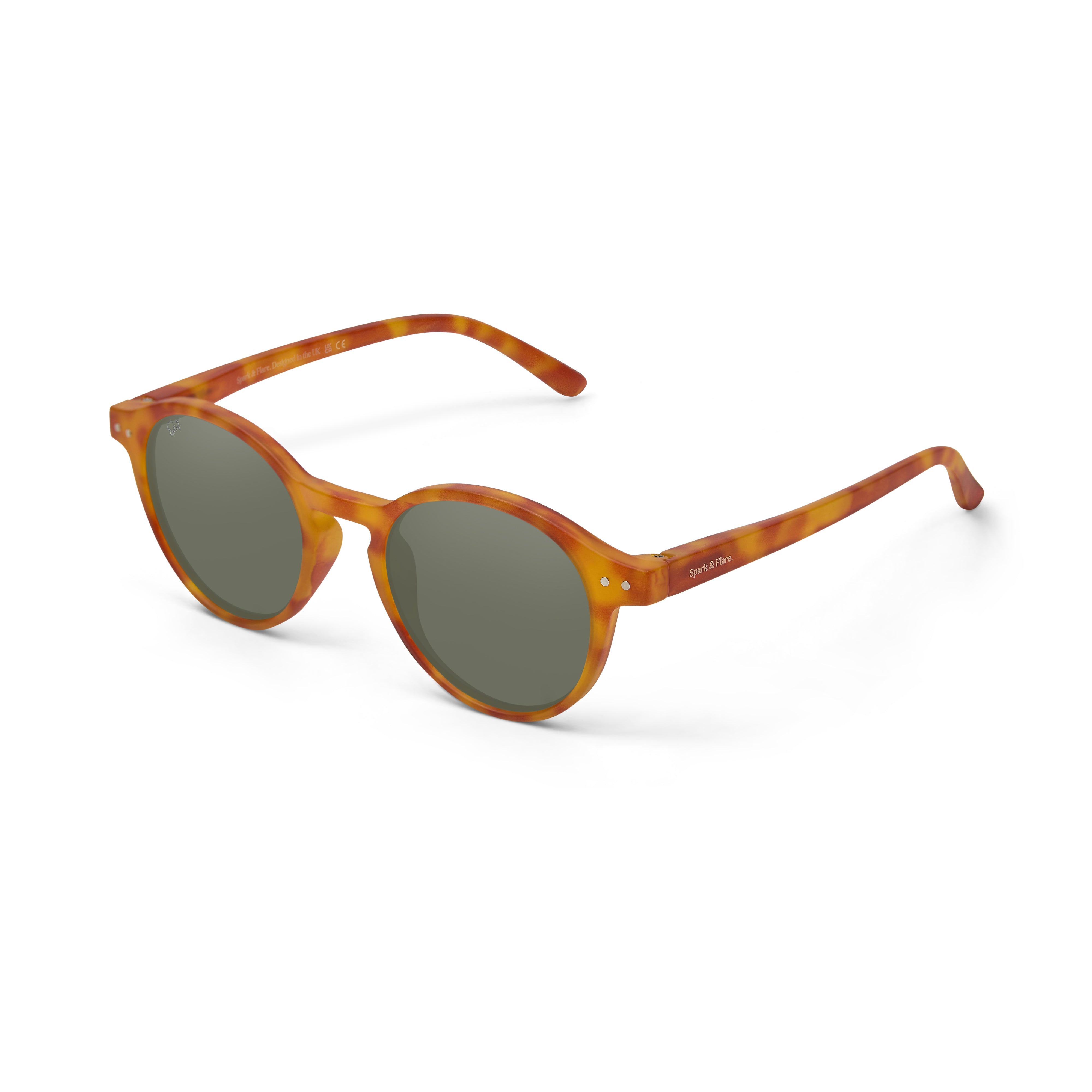 Round sunglasses with a translucent amber-orange and brown tortoiseshell frame and dark gray lenses, shown on a clean white background.