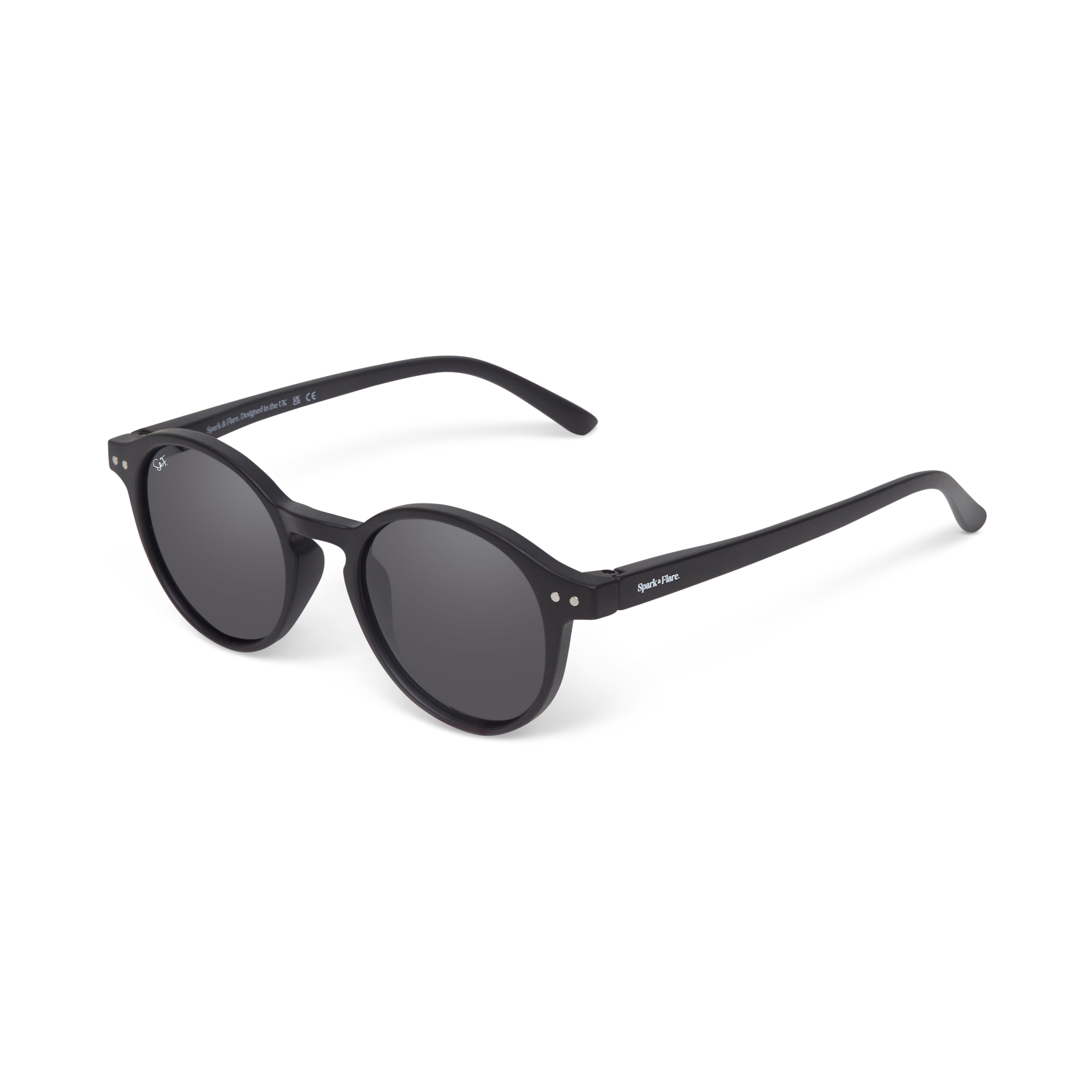 Black Spark & Flare round sunglasses with dark lenses on a white background