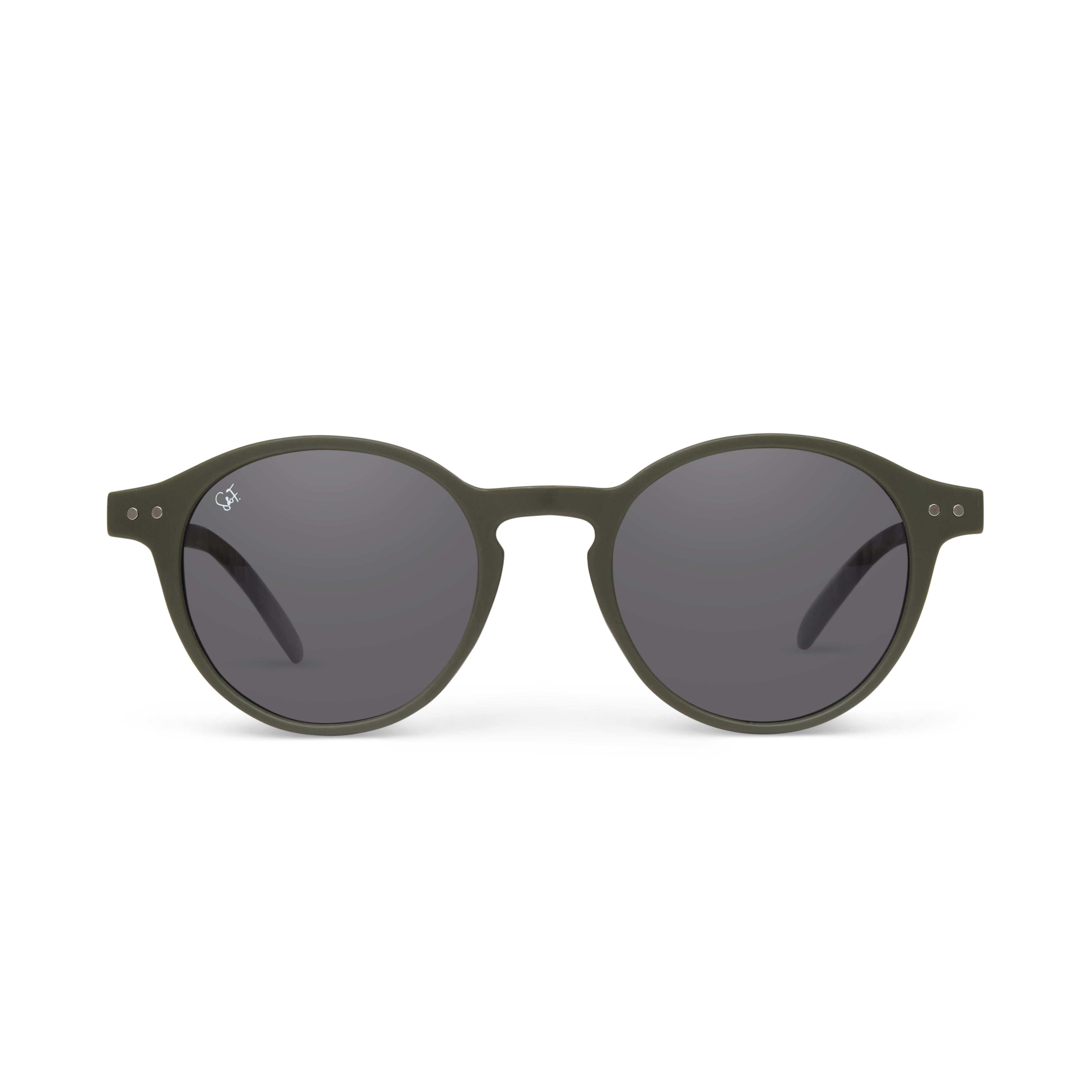 Green Spark & Flare round sunglasses with dark lenses on a white background