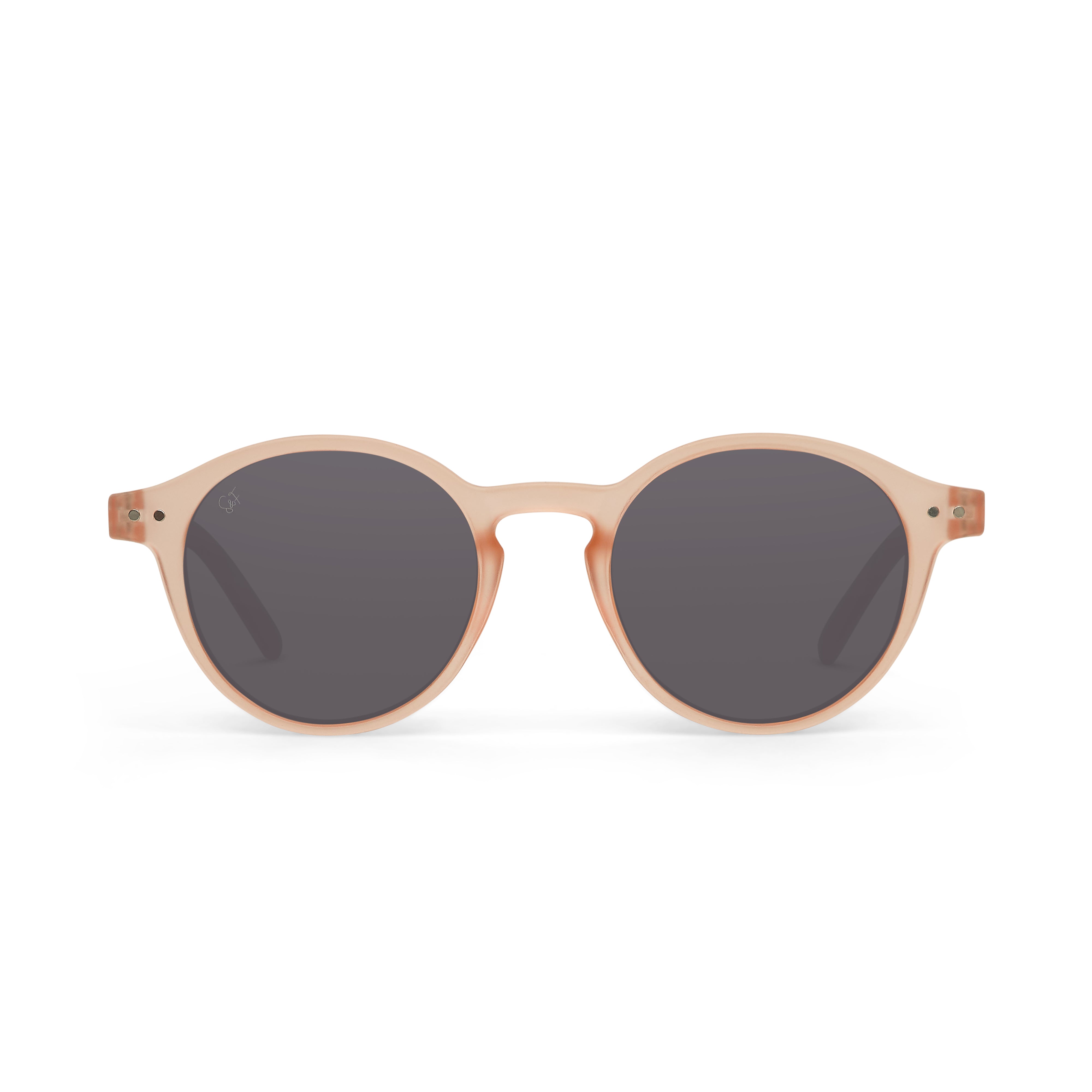 Salmon Spark & Flare round sunglasses with dark lenses on a white background