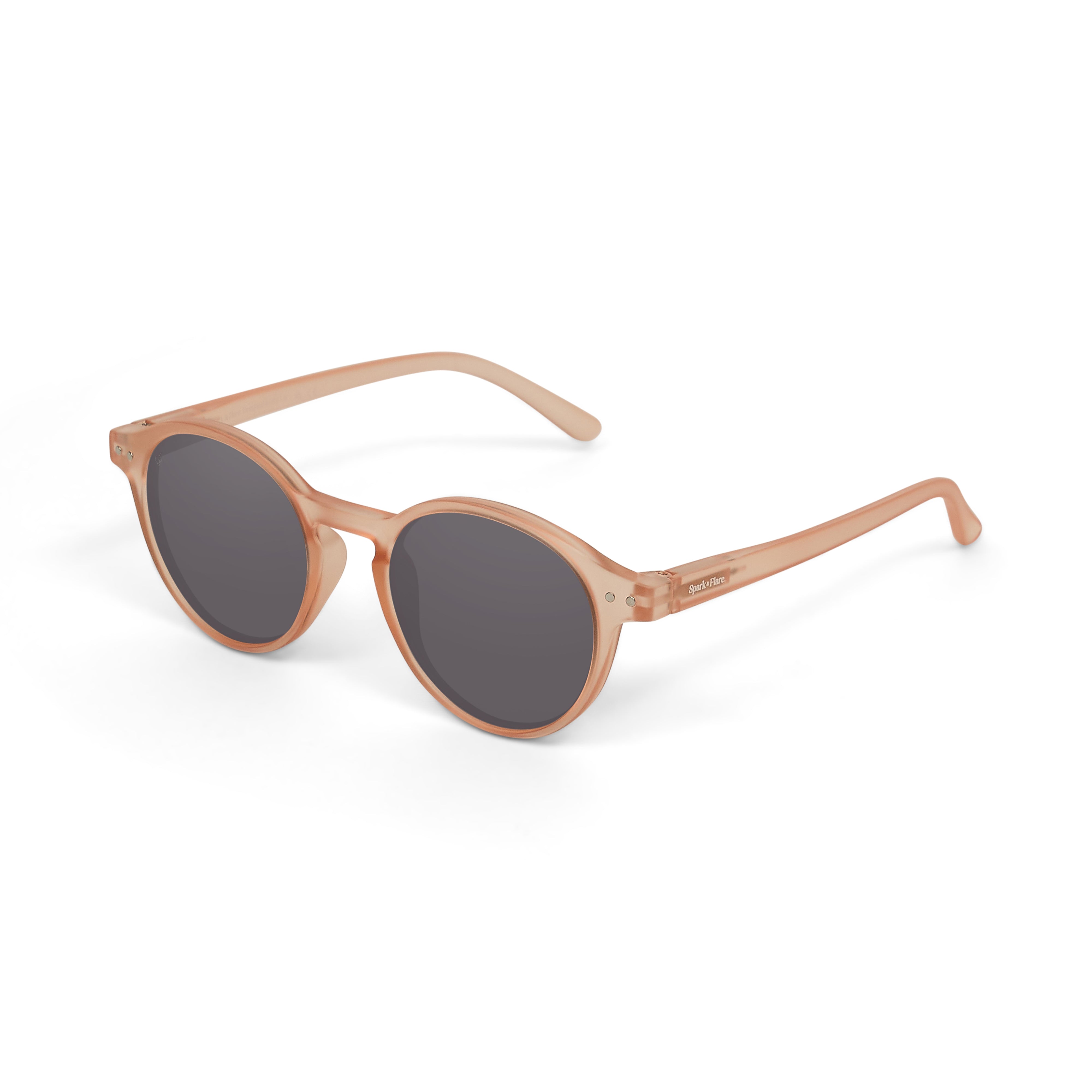 Salmon Spark & Flare round sunglasses with dark lenses on a white background