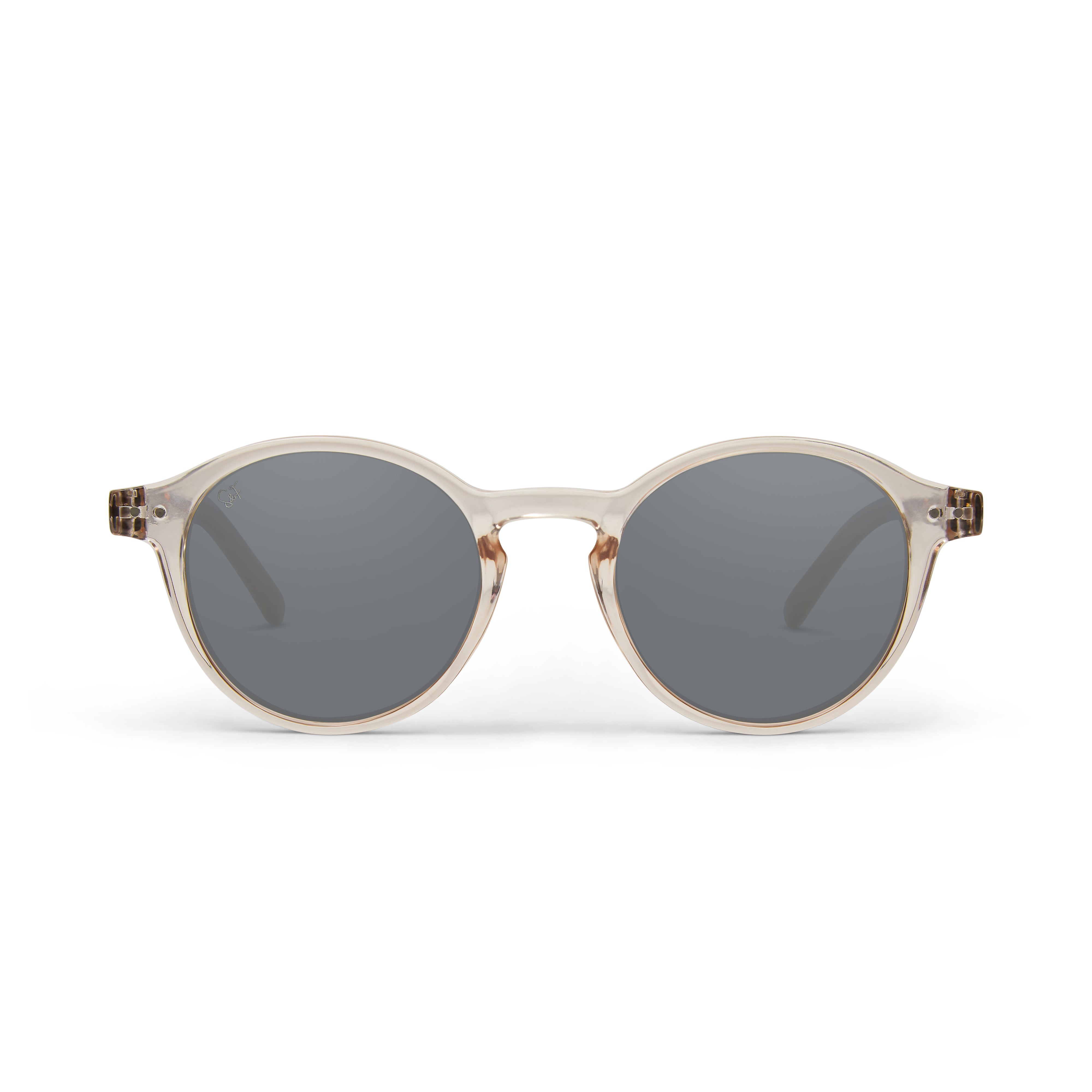 Spark & Flare sunglasses with a sand crystal frame, brown tortoise shell arms and sand lenses
