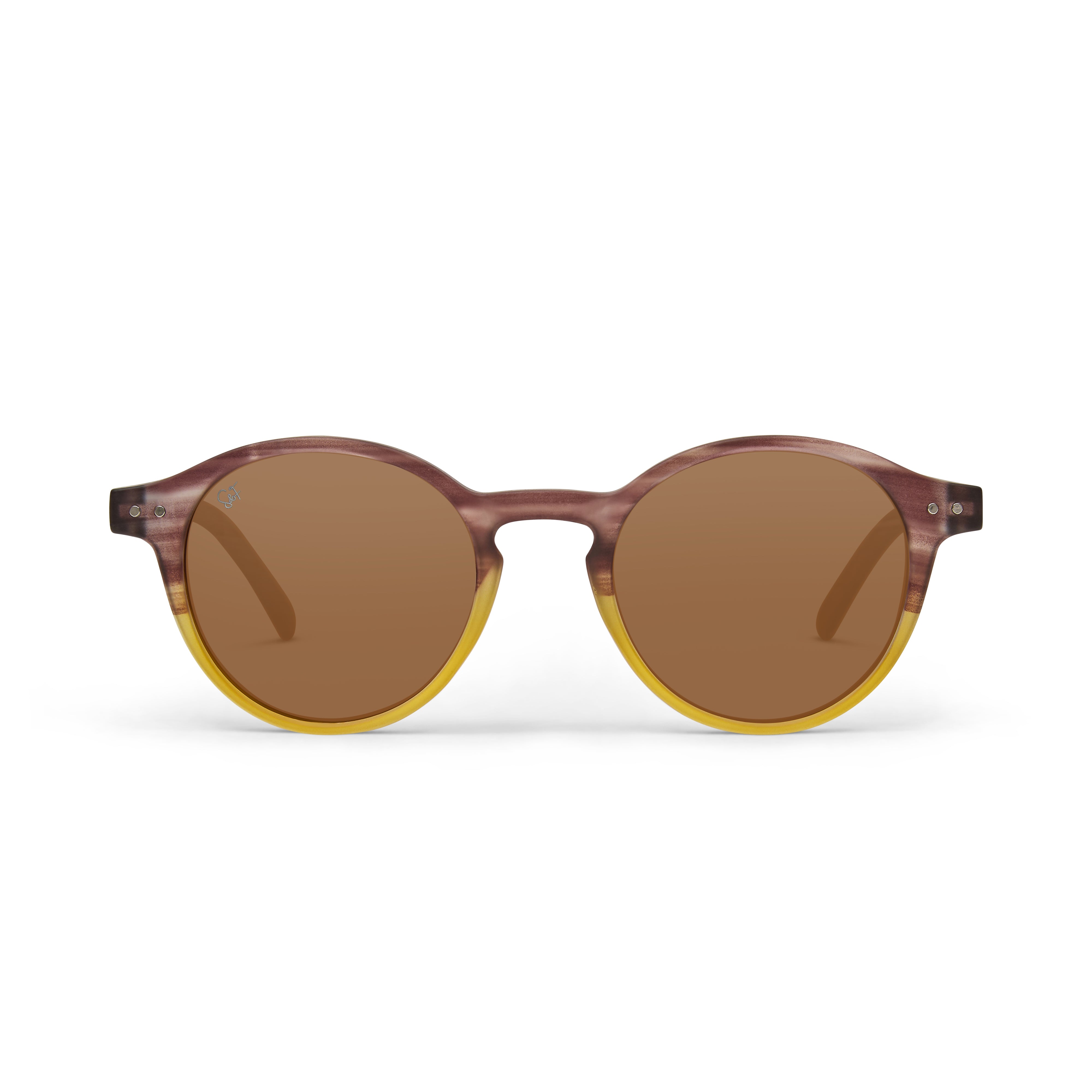 Spark & Flare sunglasses with a brown and amber frame and polarized lenses