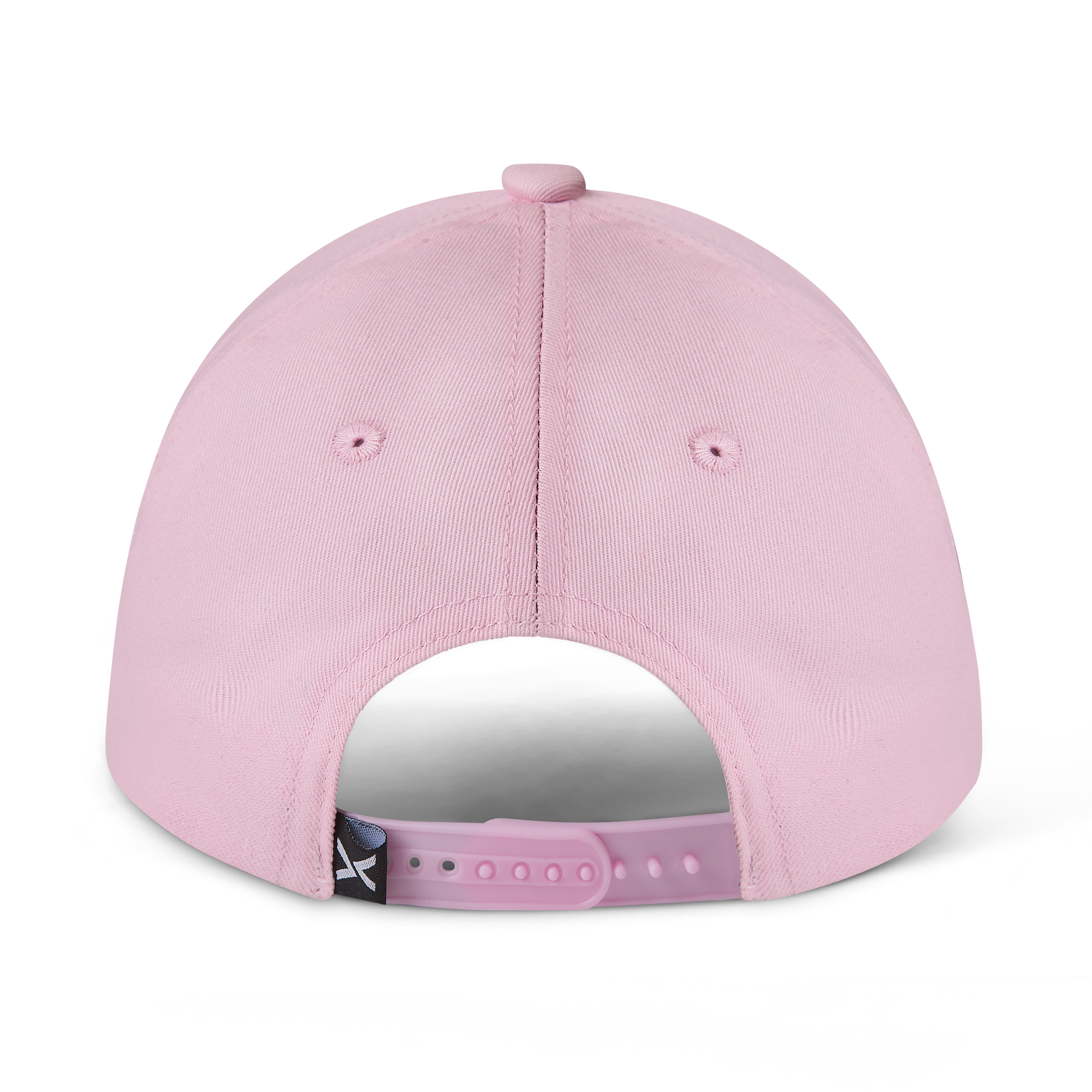 A light pink baseball cap shown from the back, featuring a matching pink adjustable strap and a small black Spark & Flare branded tag on the side.