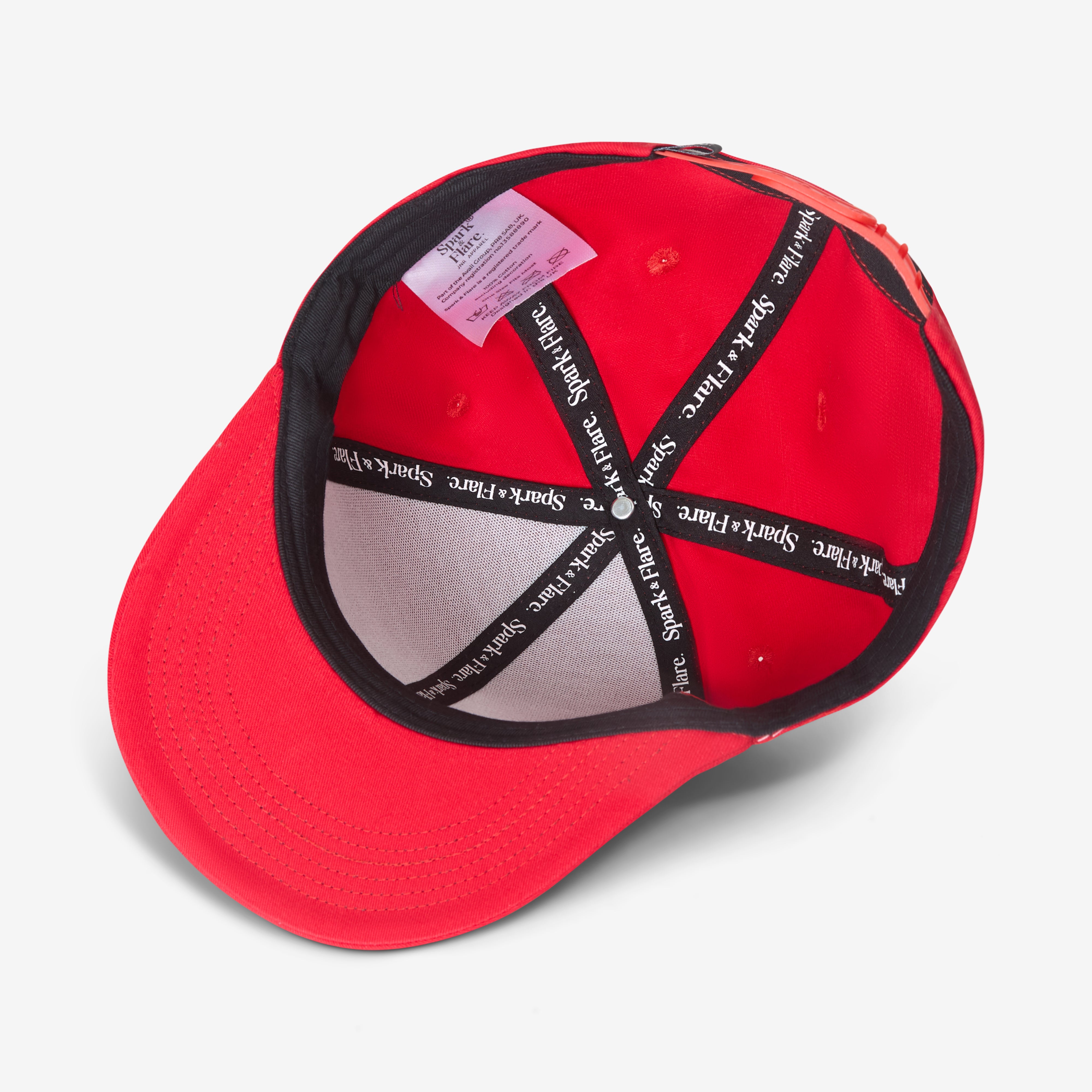 Inside of a Red Spark & Flare Formidable flat brim cap with branded lining