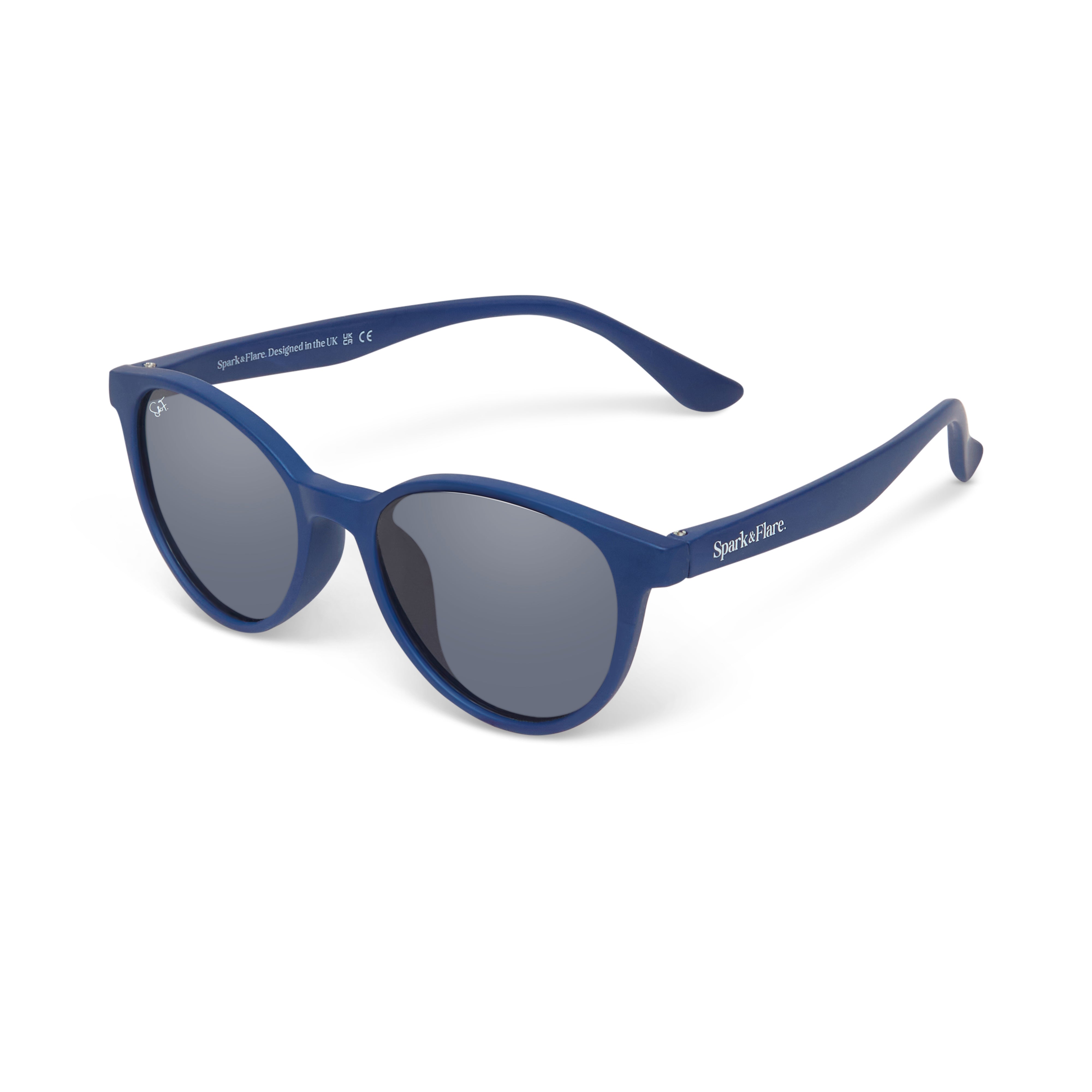 Blue Spark & Flare sunglasses with dark lenses on a white background