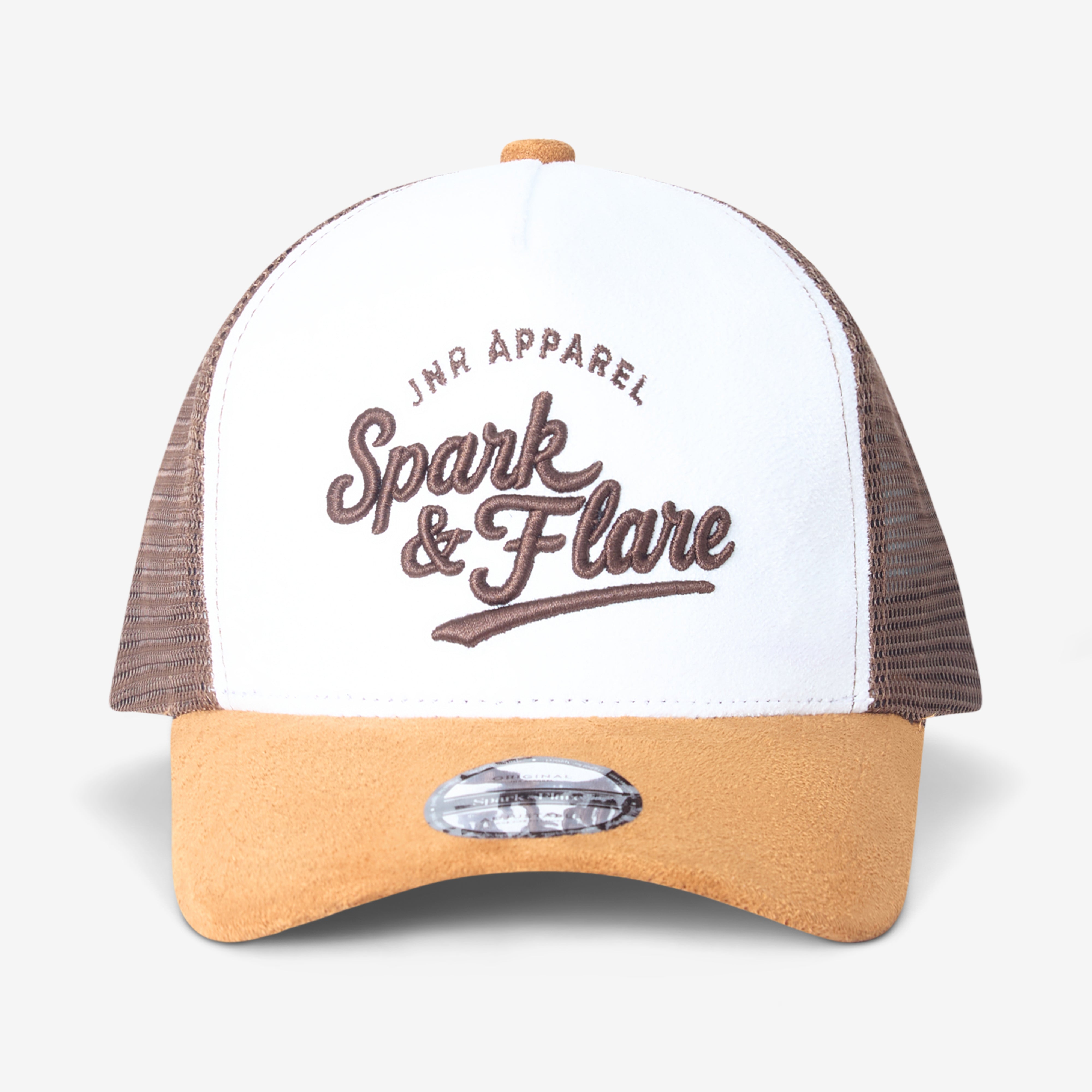 Trucker hat with 'Spark & Flare' branding on a white background