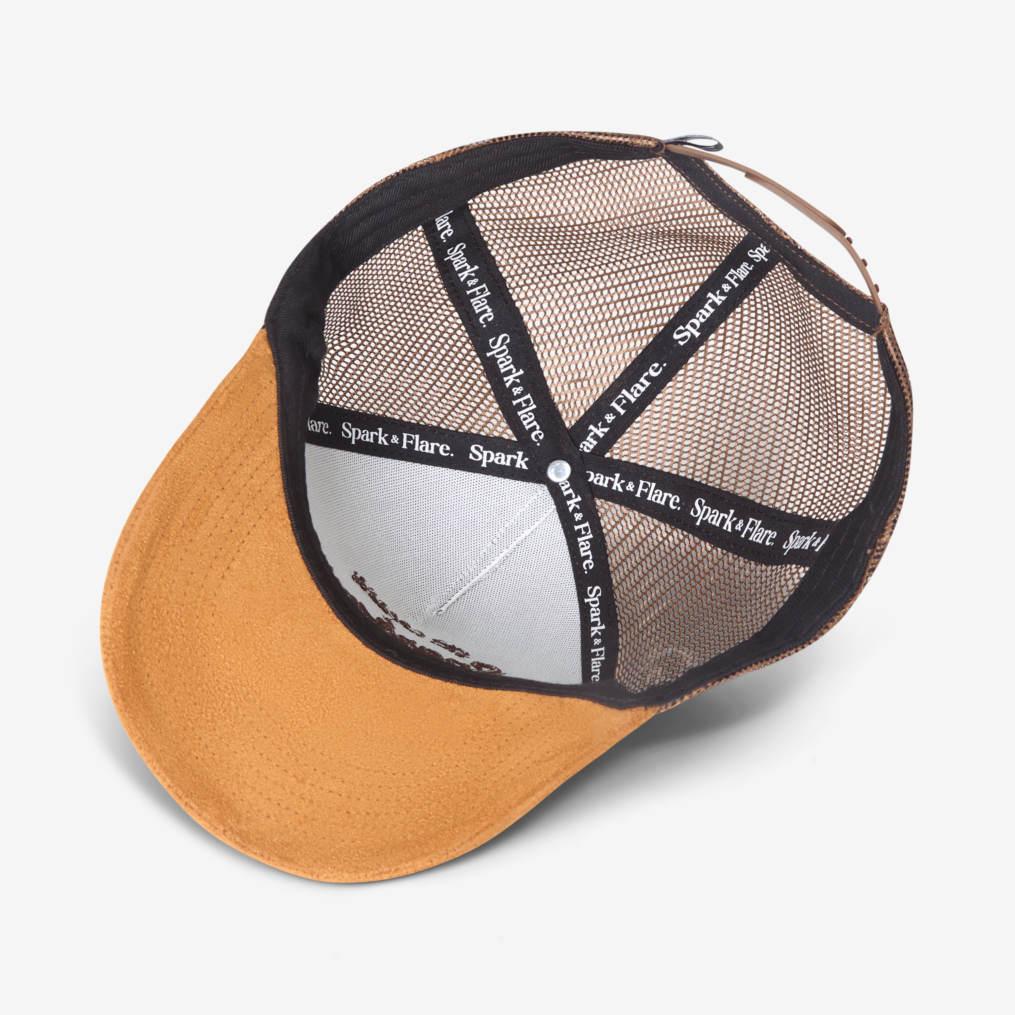 Under side of a Brown trucker cap with mesh back on a white background