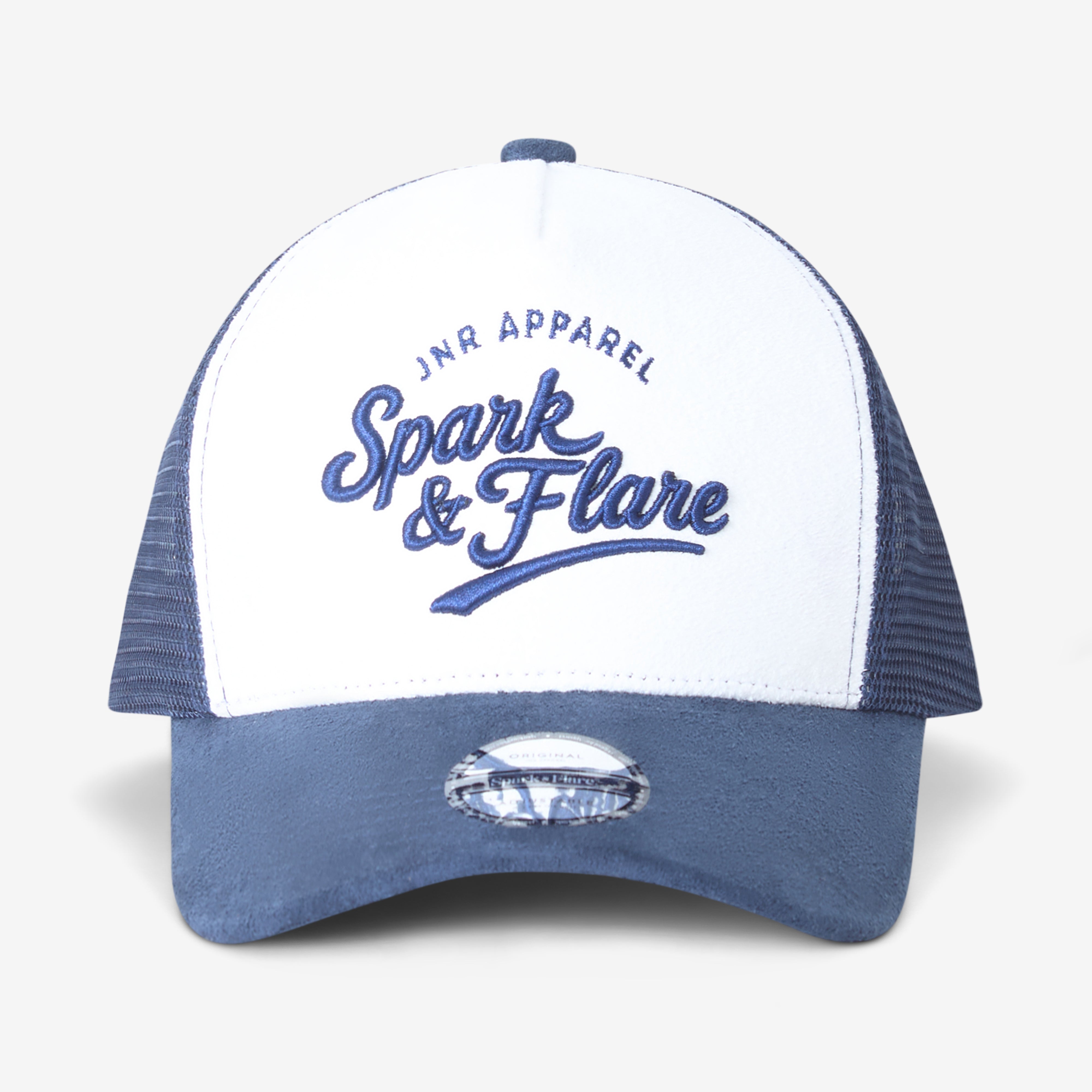 Blue and white cap with 'Spark & Flare' branding on a light gray background