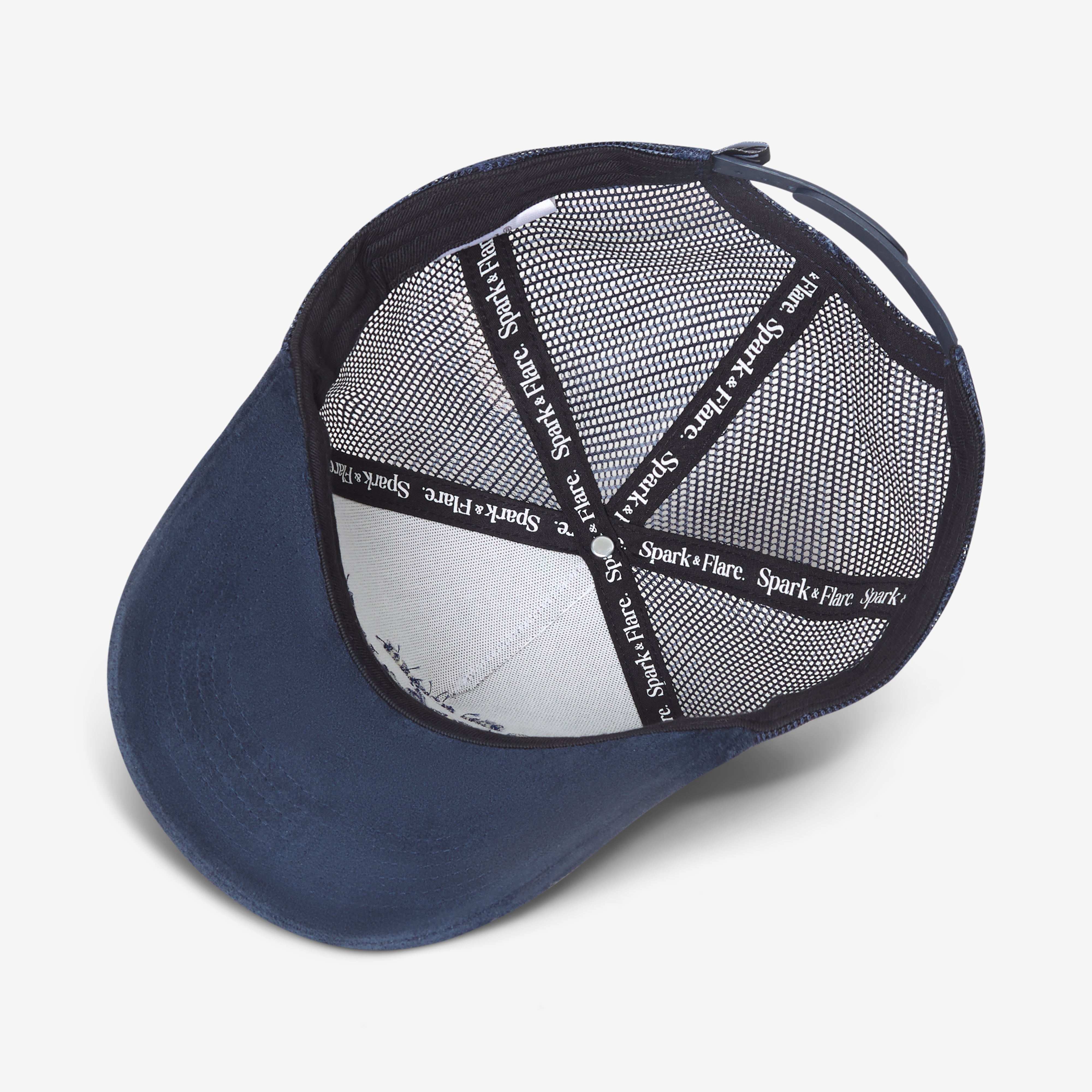 Blue cap with mesh back on a white background