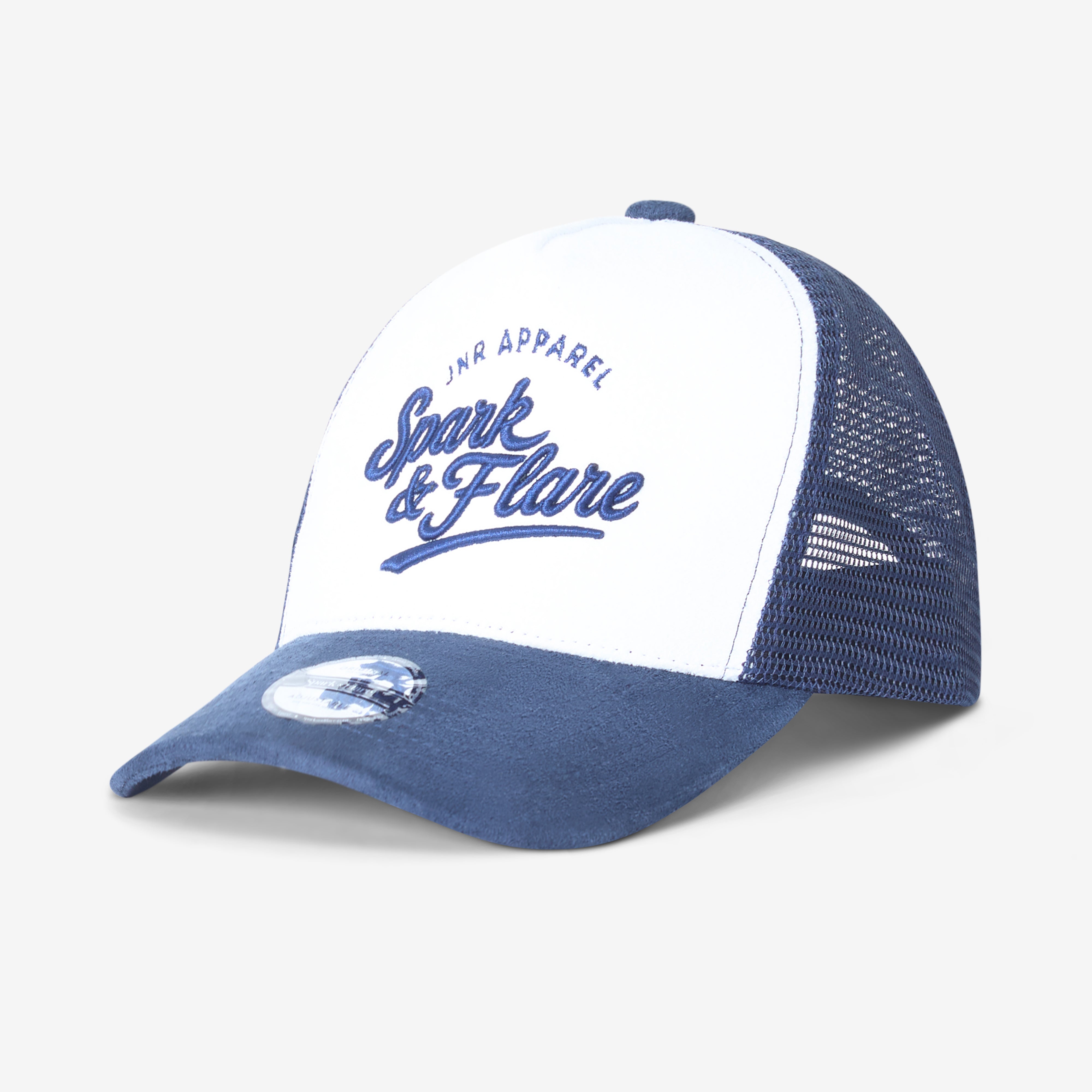 Blue and white cap with 'Spark & Flare' branding on a light gray background