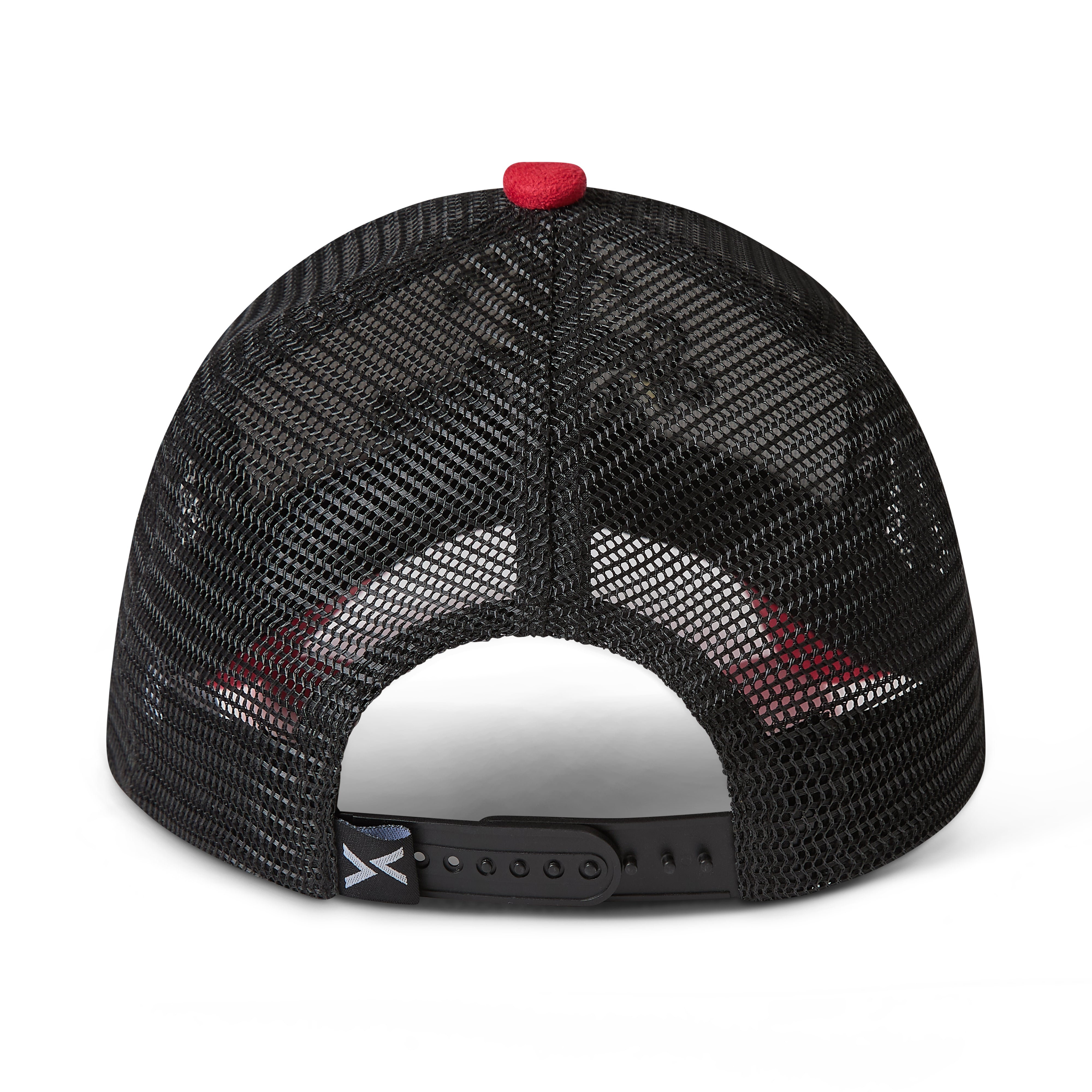 White, black and red trucker cap with Spark & Flare branding on the back