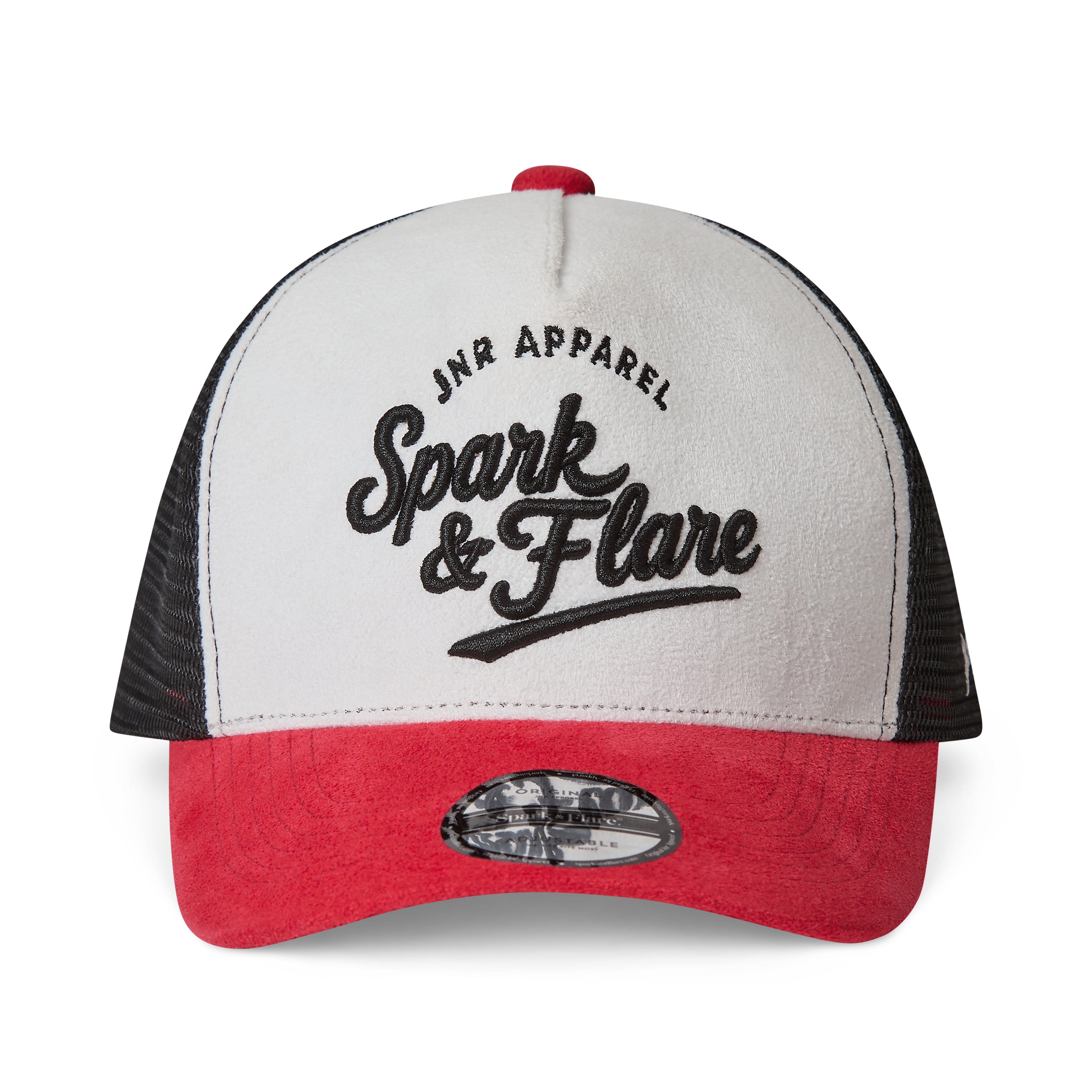 White, black and red trucker cap with Spark & Flare branding on the front