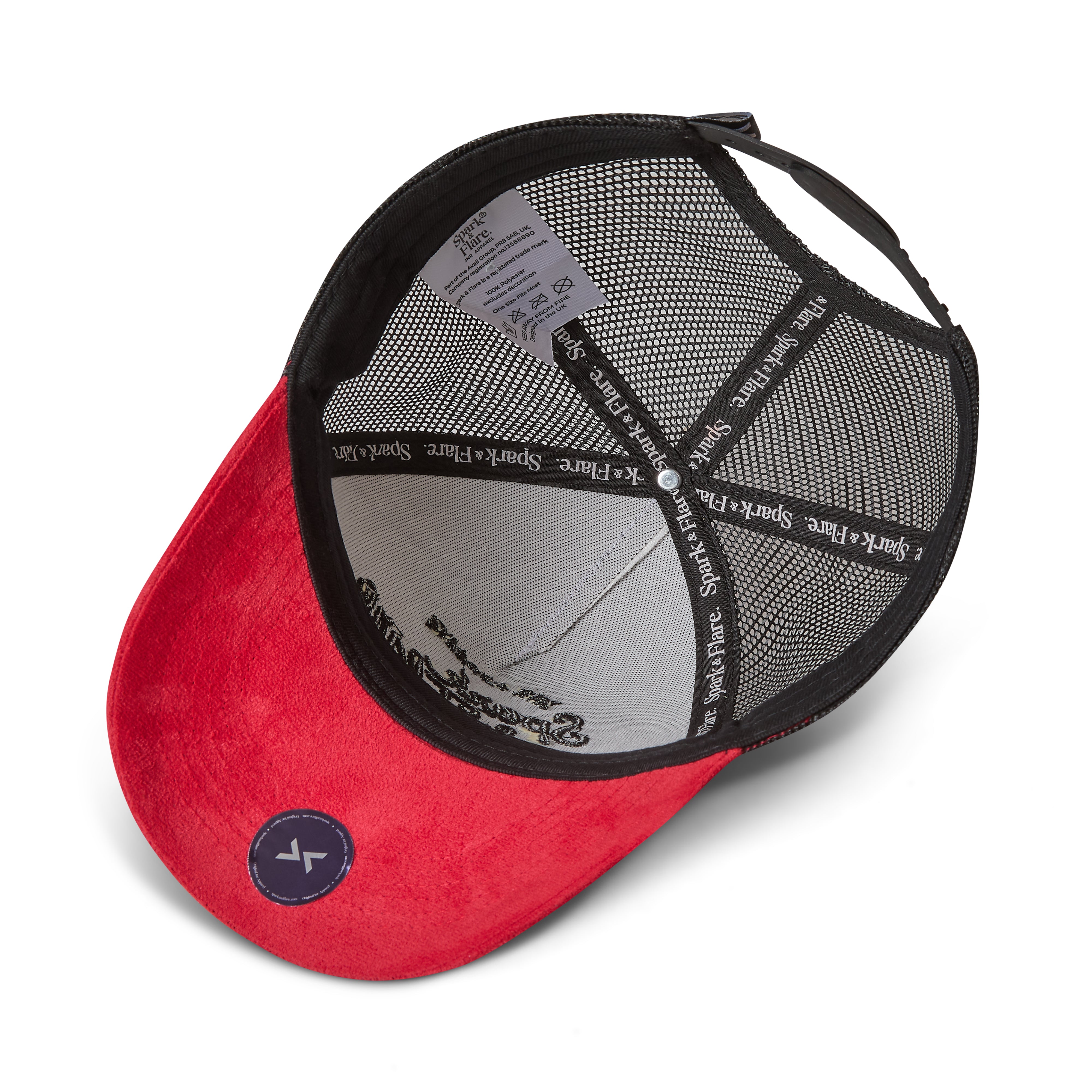 White, black and red trucker cap with Spark & Flare branding on the inside