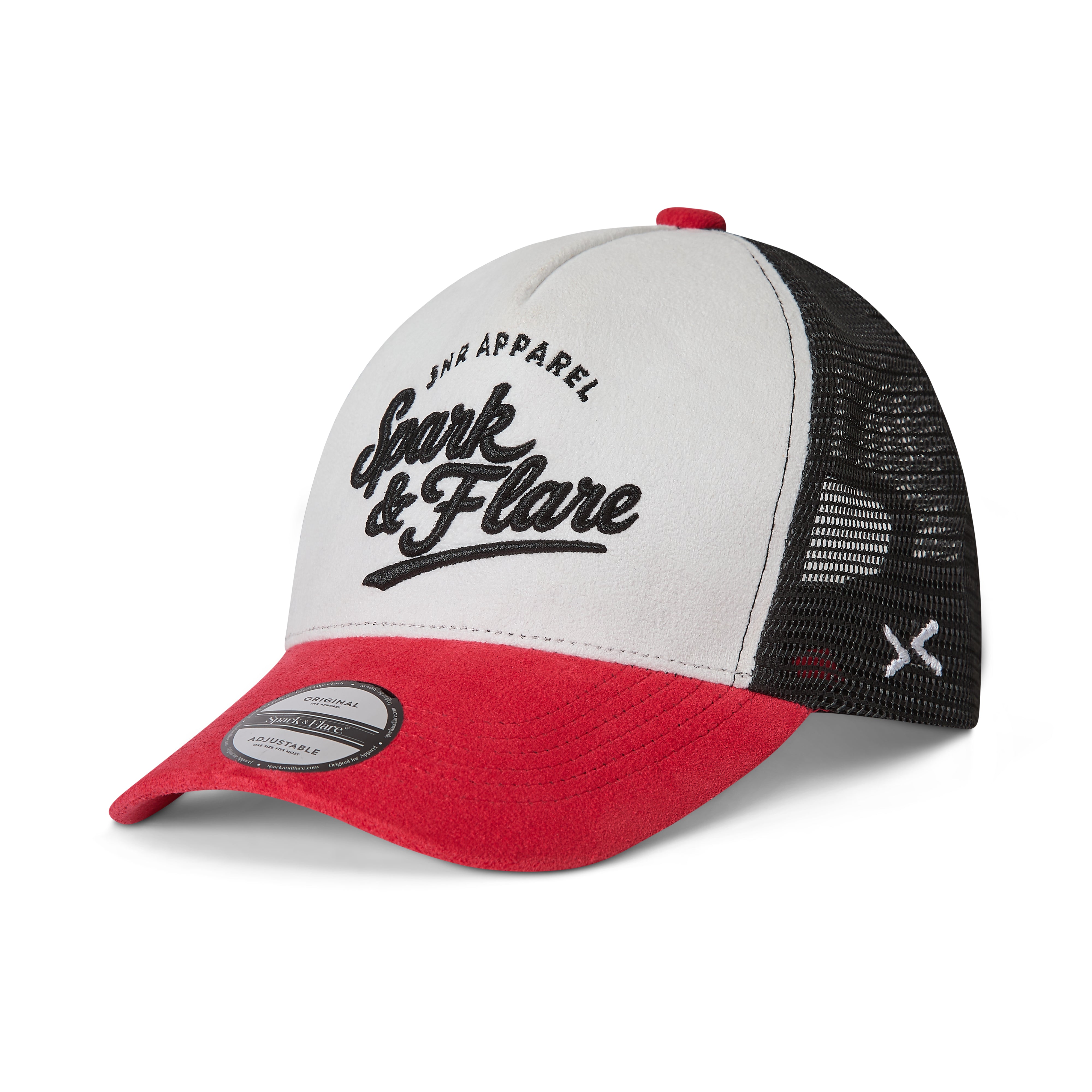 White, black and red trucker cap with Spark & Flare branding on the front