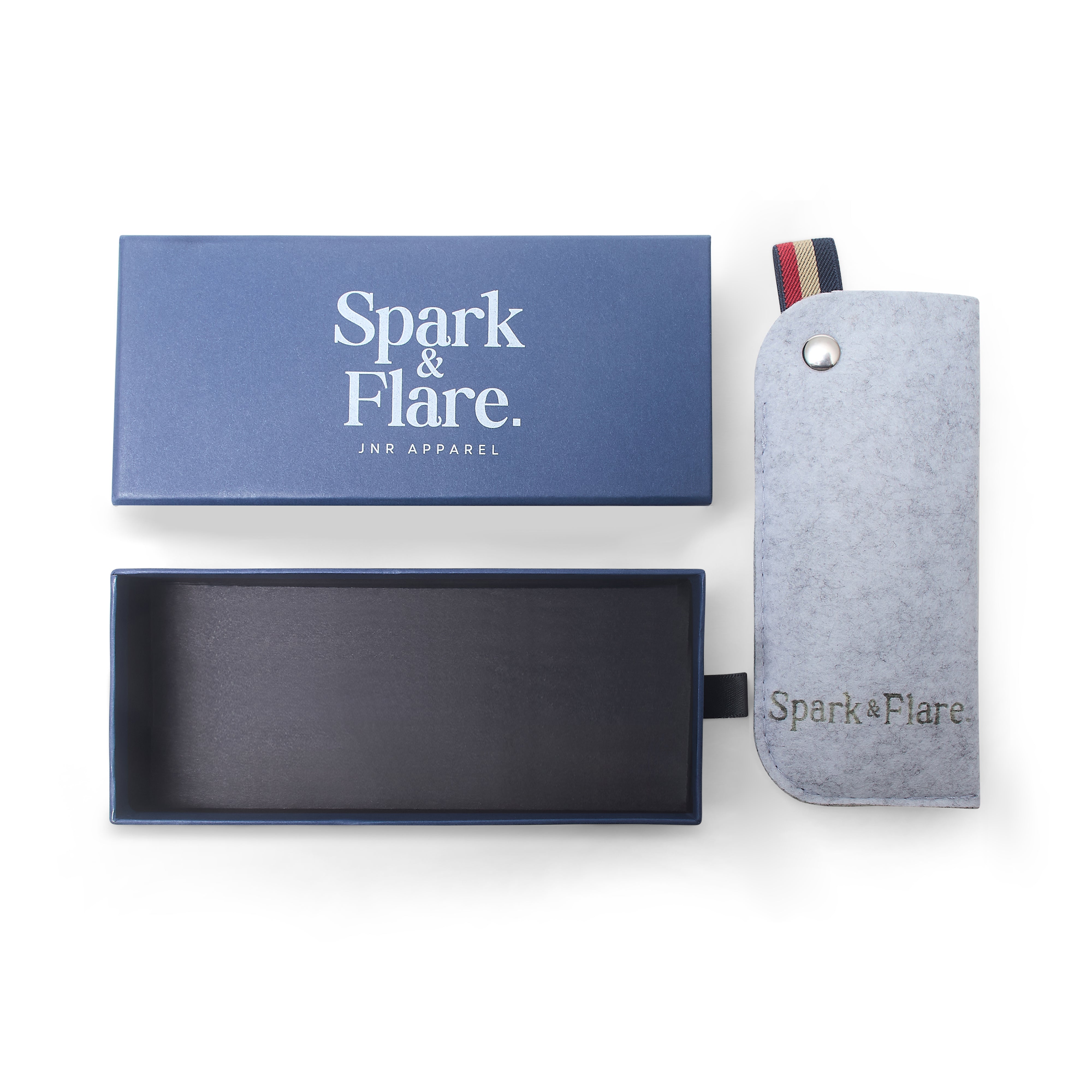 Spark & Flare branded sunglasses case and packaging on a white background