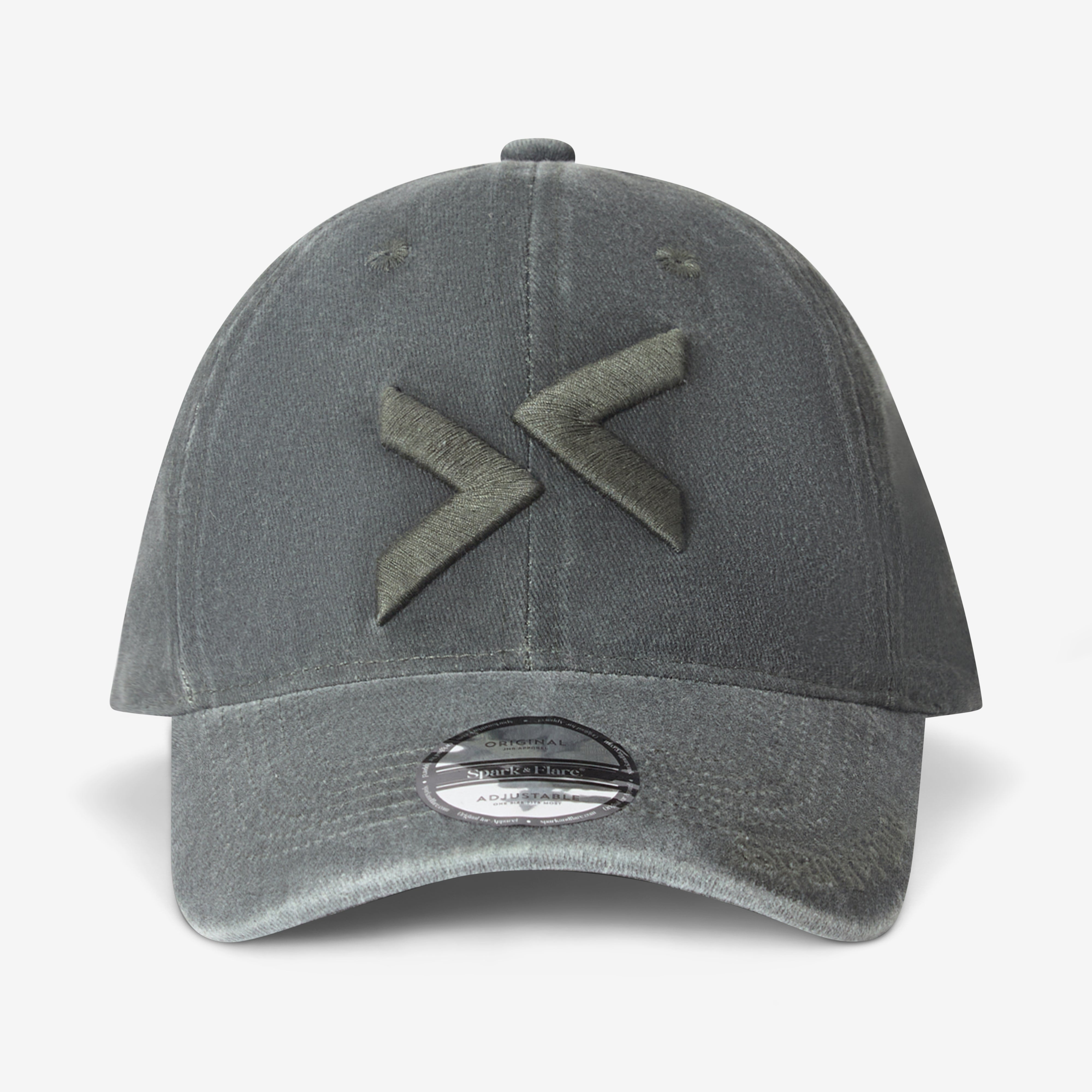 Washed green Spark & Flare baseball cap with matching coloured logo and Spark & Flare branding on visor