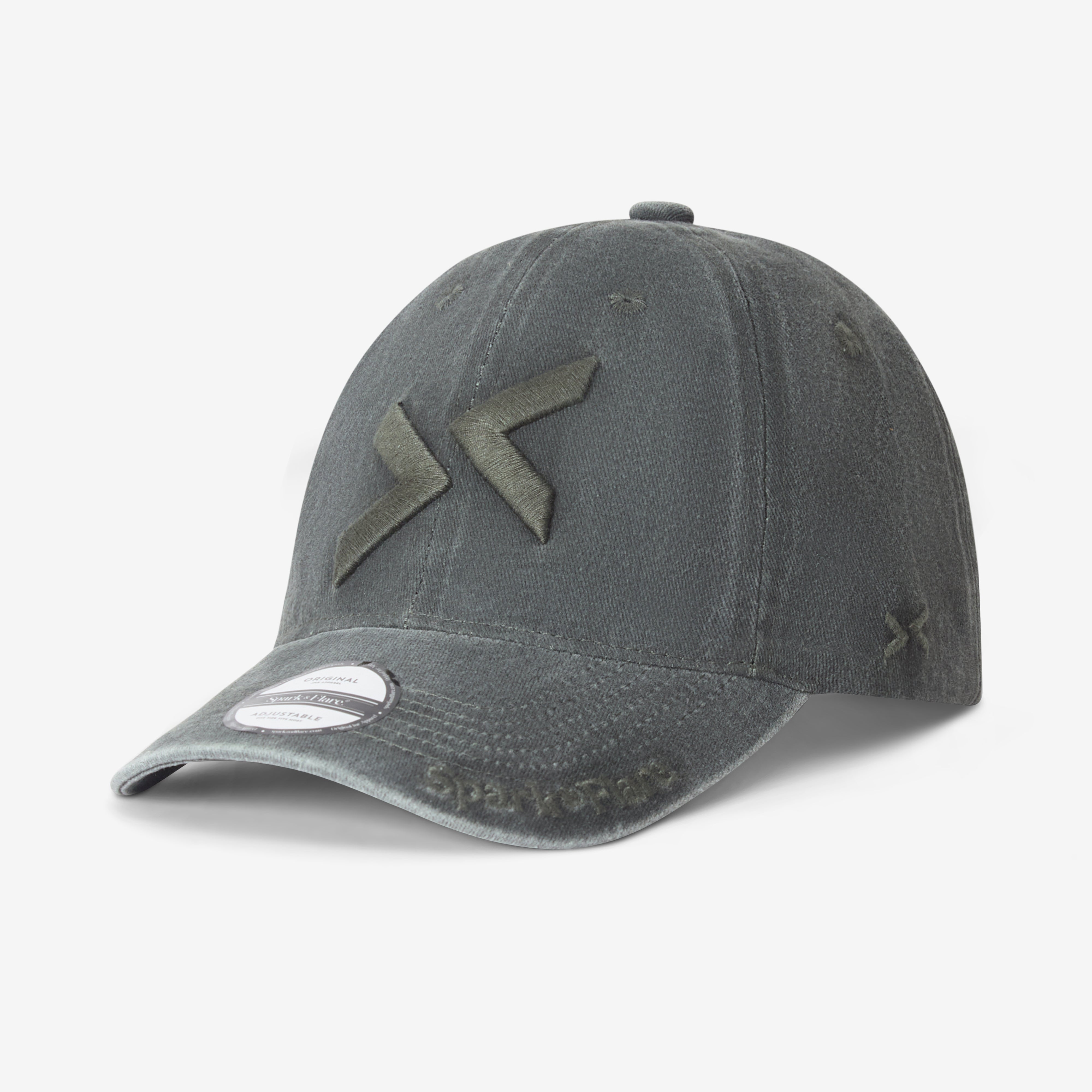 Washed green Spark & Flare baseball cap with matching coloured logo and Spark & Flare branding on visor