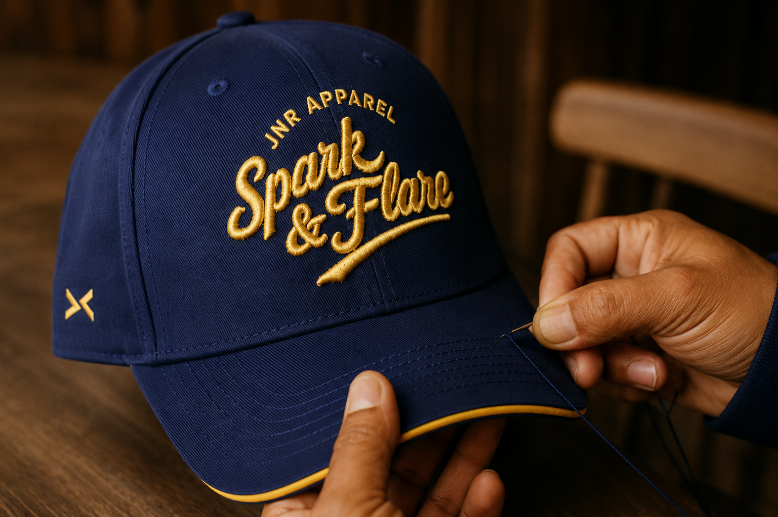 Navy blue cap with 'Spark & Flare' text held by a hand on a wooden surface as the craftsman stiches the visor