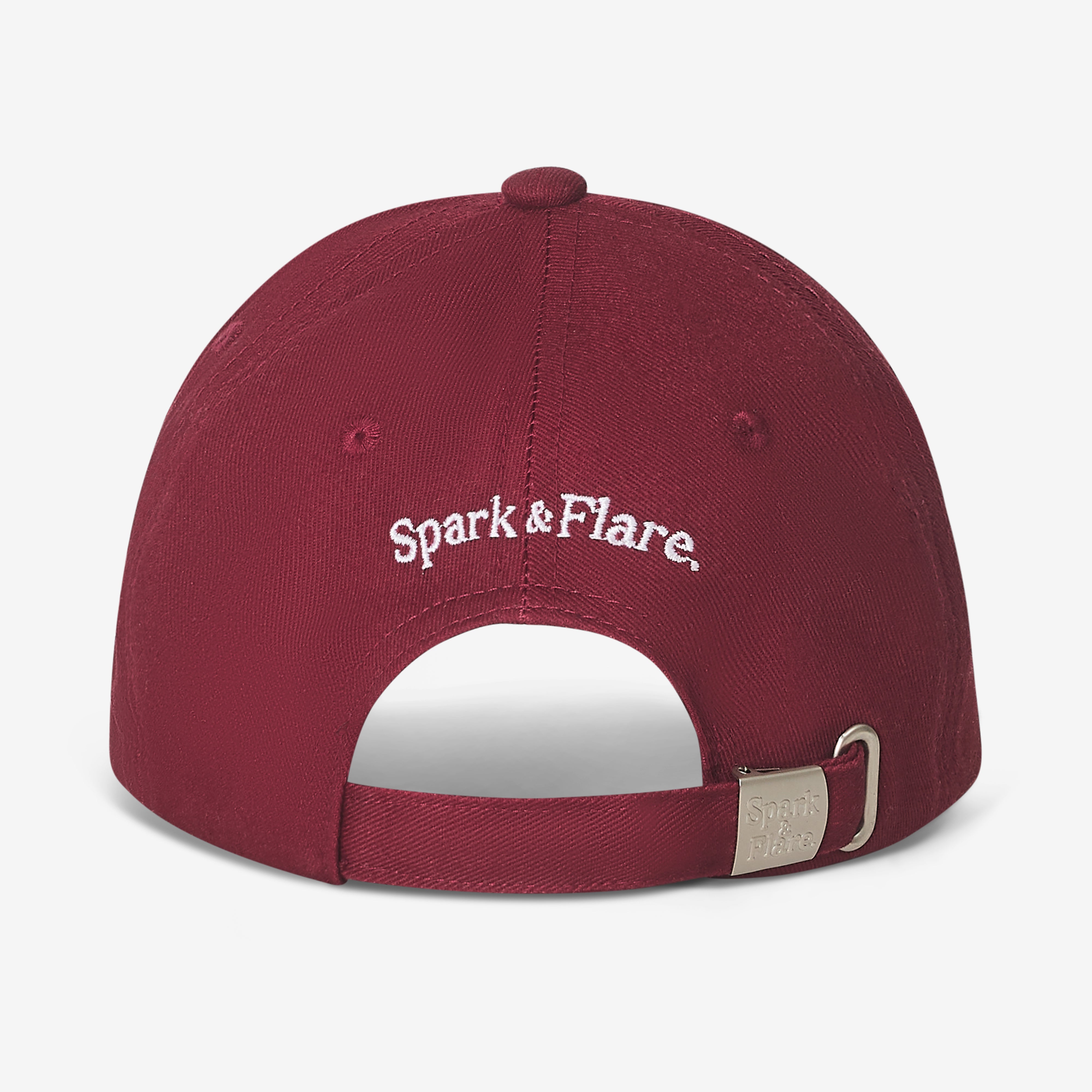 Back of a Burgundy Spark & Flare baseball cap with Spark & Flare branding and branded buckle